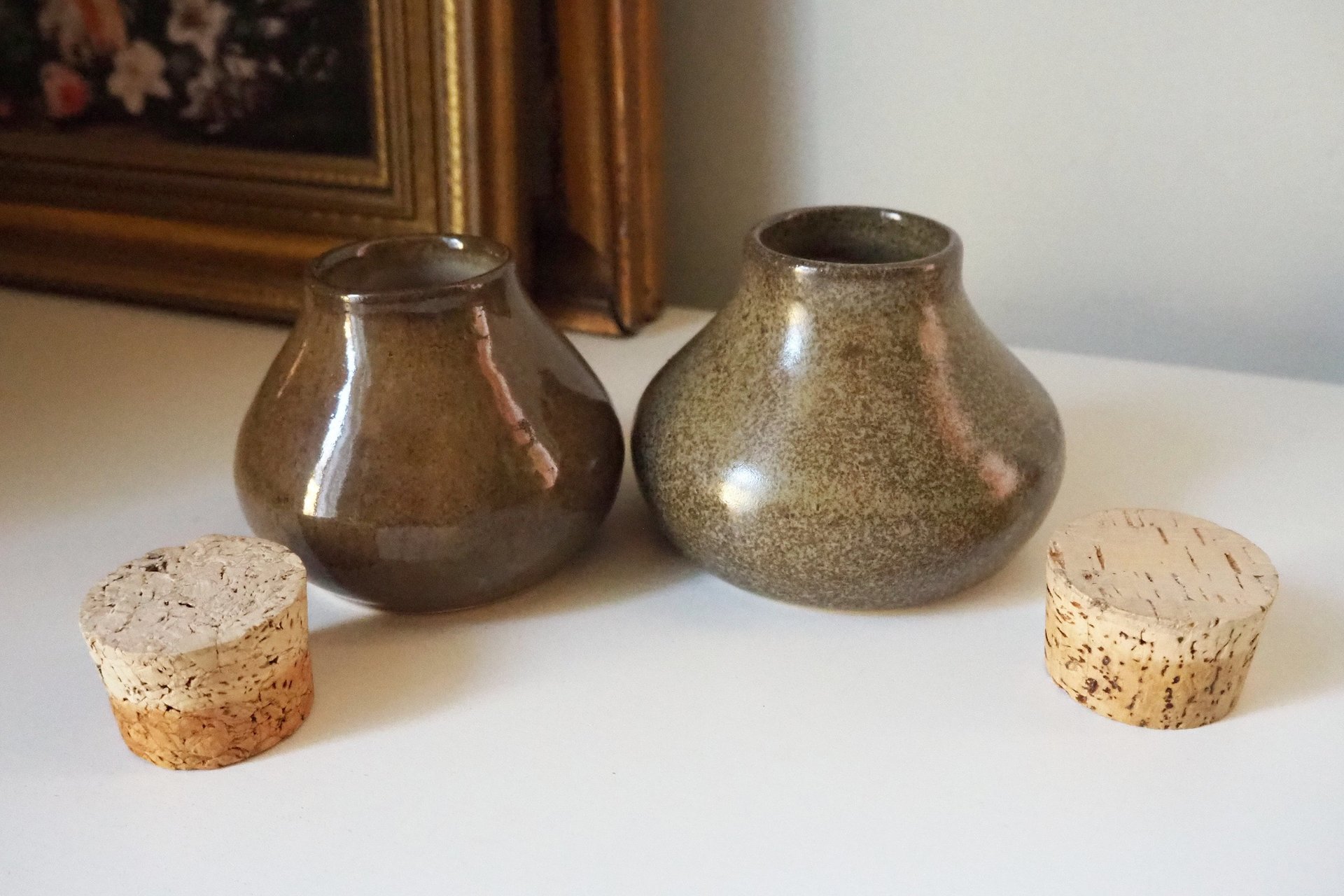 Set of two vintage ceramic jars | Glazed ceramic jars with cork lids | Brown stoneware jars | Vintage spice jars | Mismatched ceramic jars