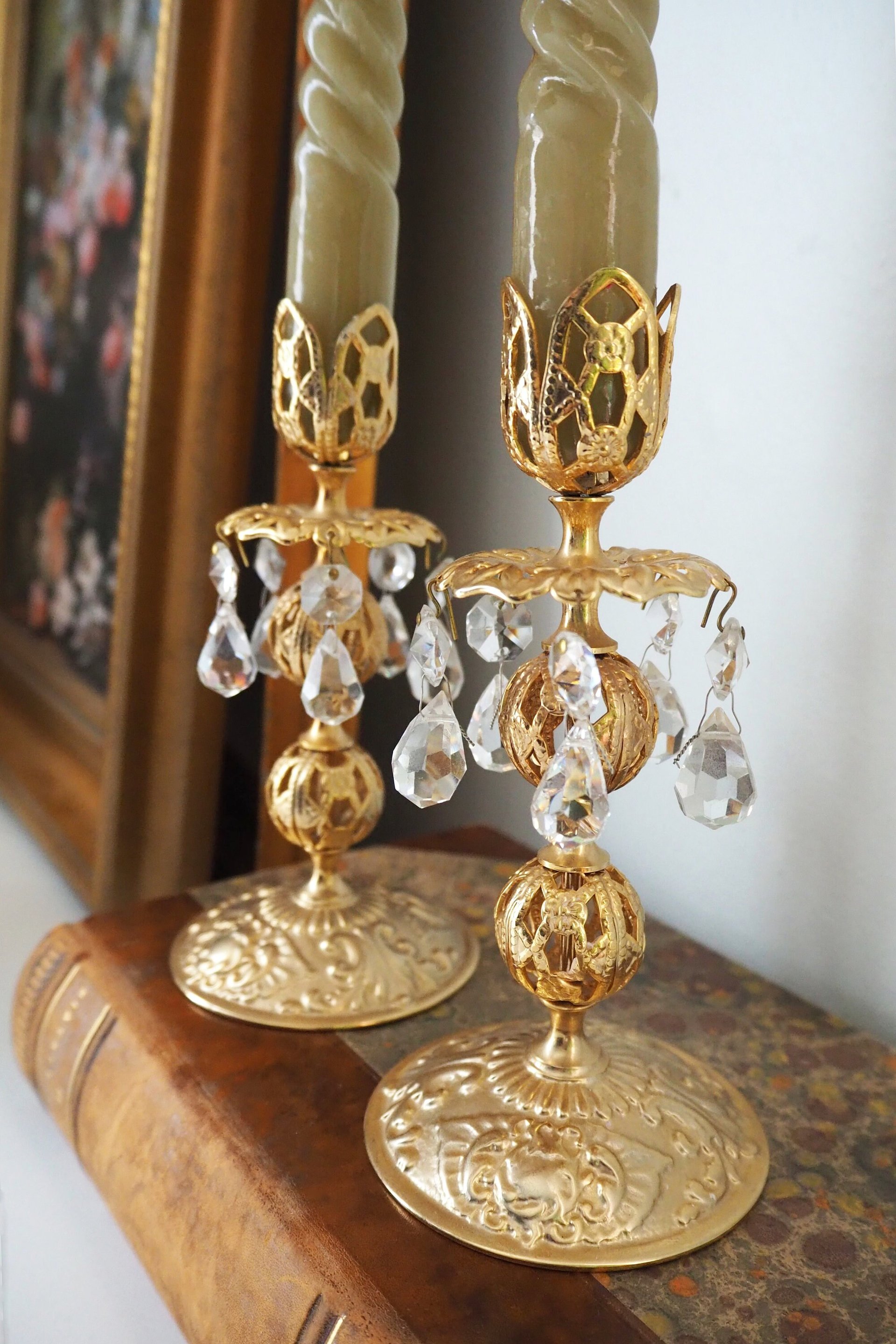 Vintage candlestick holder pair | Gold plated crystal candlestick holders | Ornate candlestick holders | Crystal candlestick holders