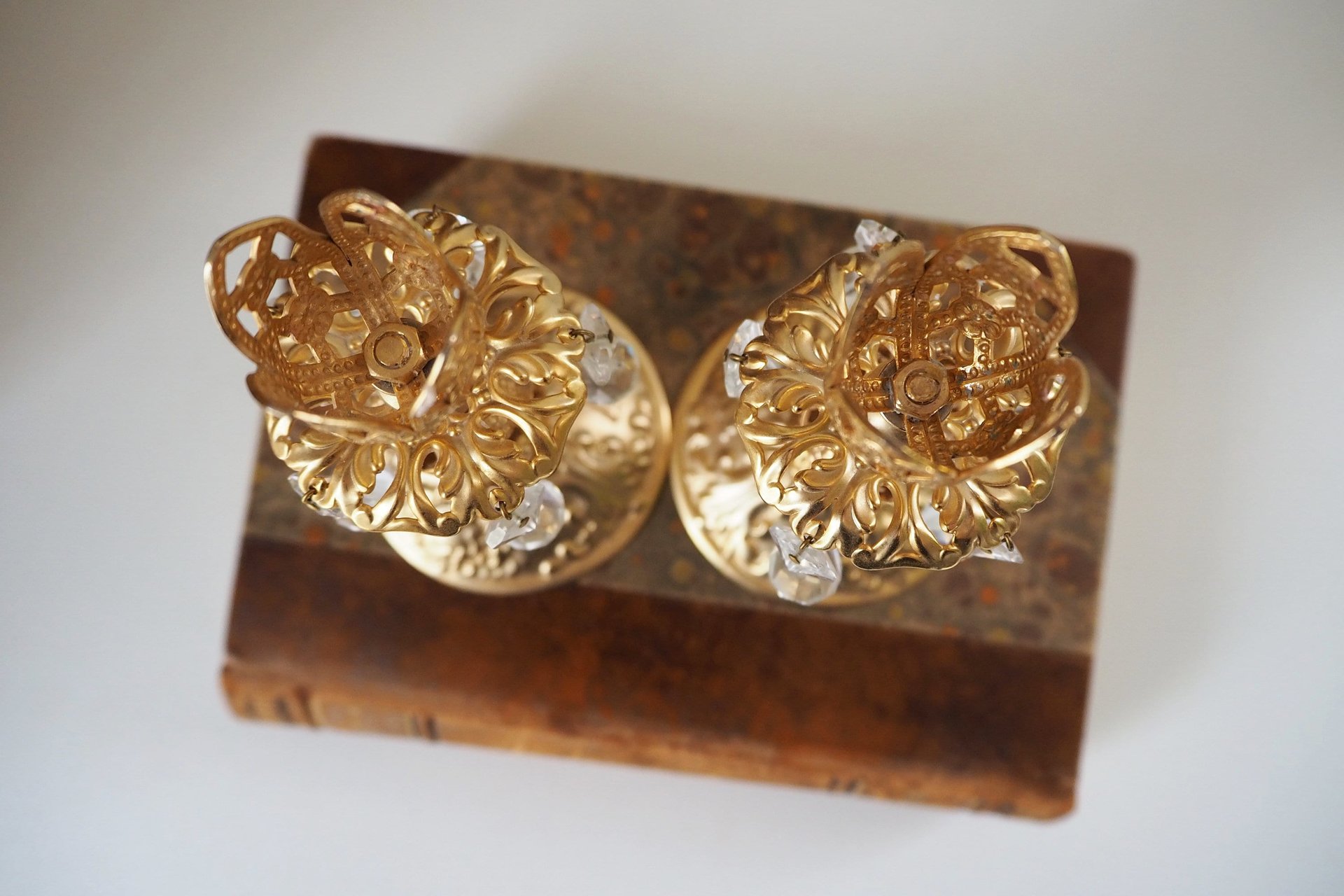 Vintage candlestick holder pair | Gold plated crystal candlestick holders | Ornate candlestick holders | Crystal candlestick holders