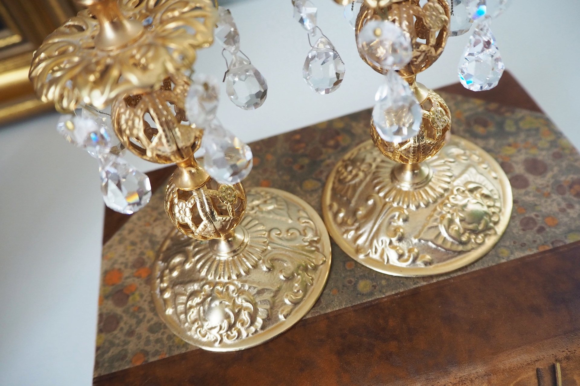 Vintage candlestick holder pair | Gold plated crystal candlestick holders | Ornate candlestick holders | Crystal candlestick holders
