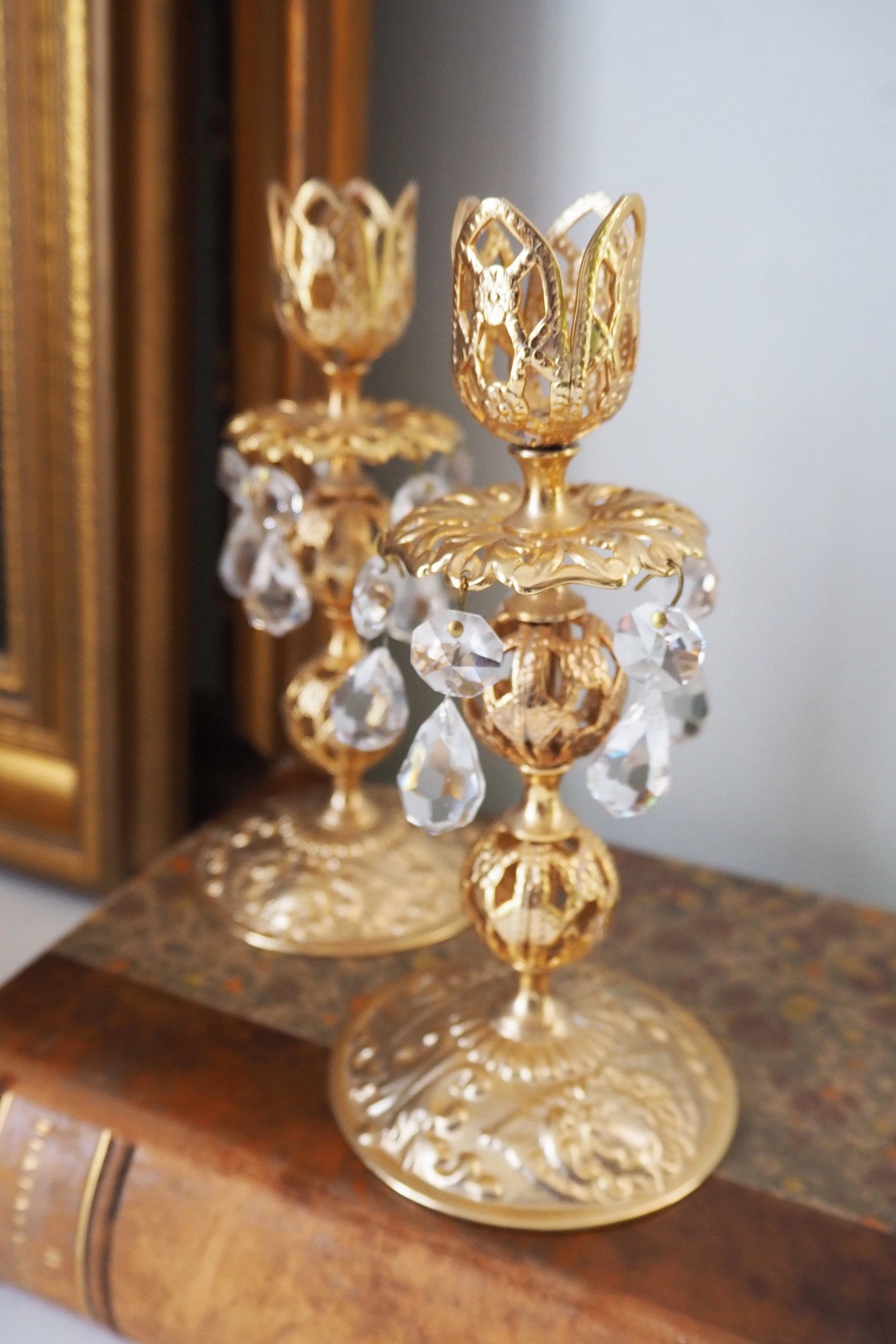 Vintage candlestick holder pair | Gold plated crystal candlestick holders | Ornate candlestick holders | Crystal candlestick holders