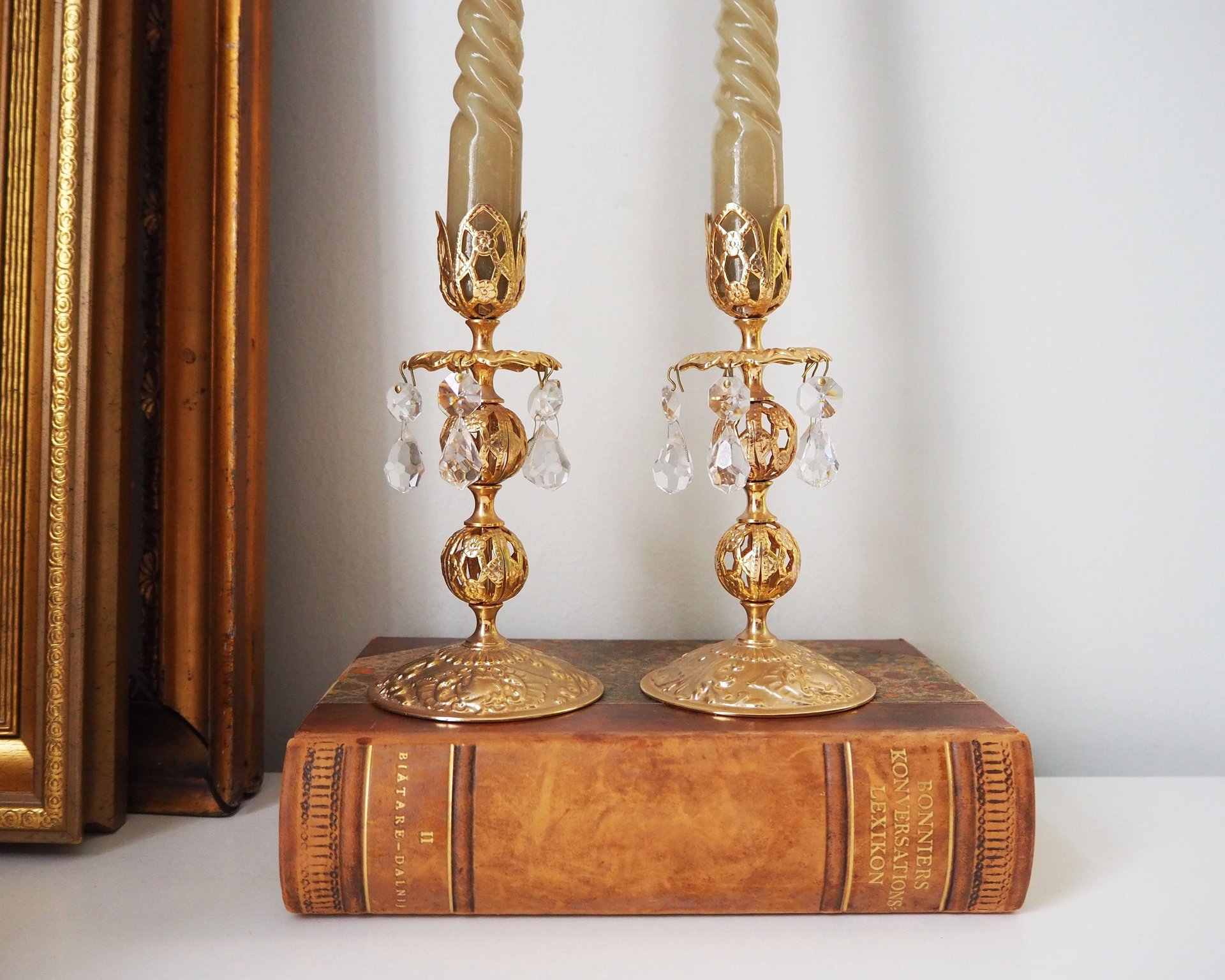 Vintage candlestick holder pair | Gold plated crystal candlestick holders | Ornate candlestick holders | Crystal candlestick holders