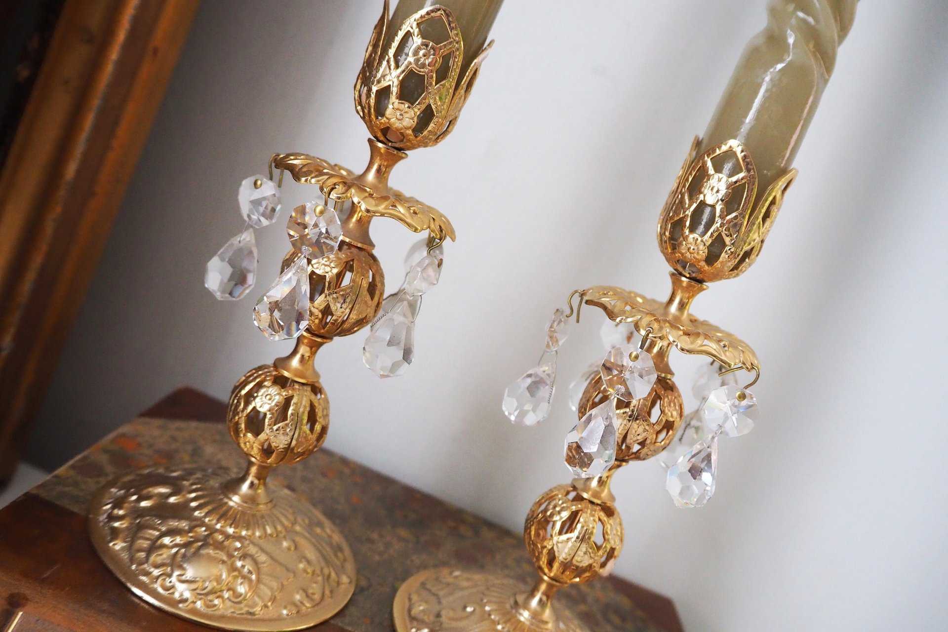 Vintage candlestick holder pair | Gold plated crystal candlestick holders | Ornate candlestick holders | Crystal candlestick holders
