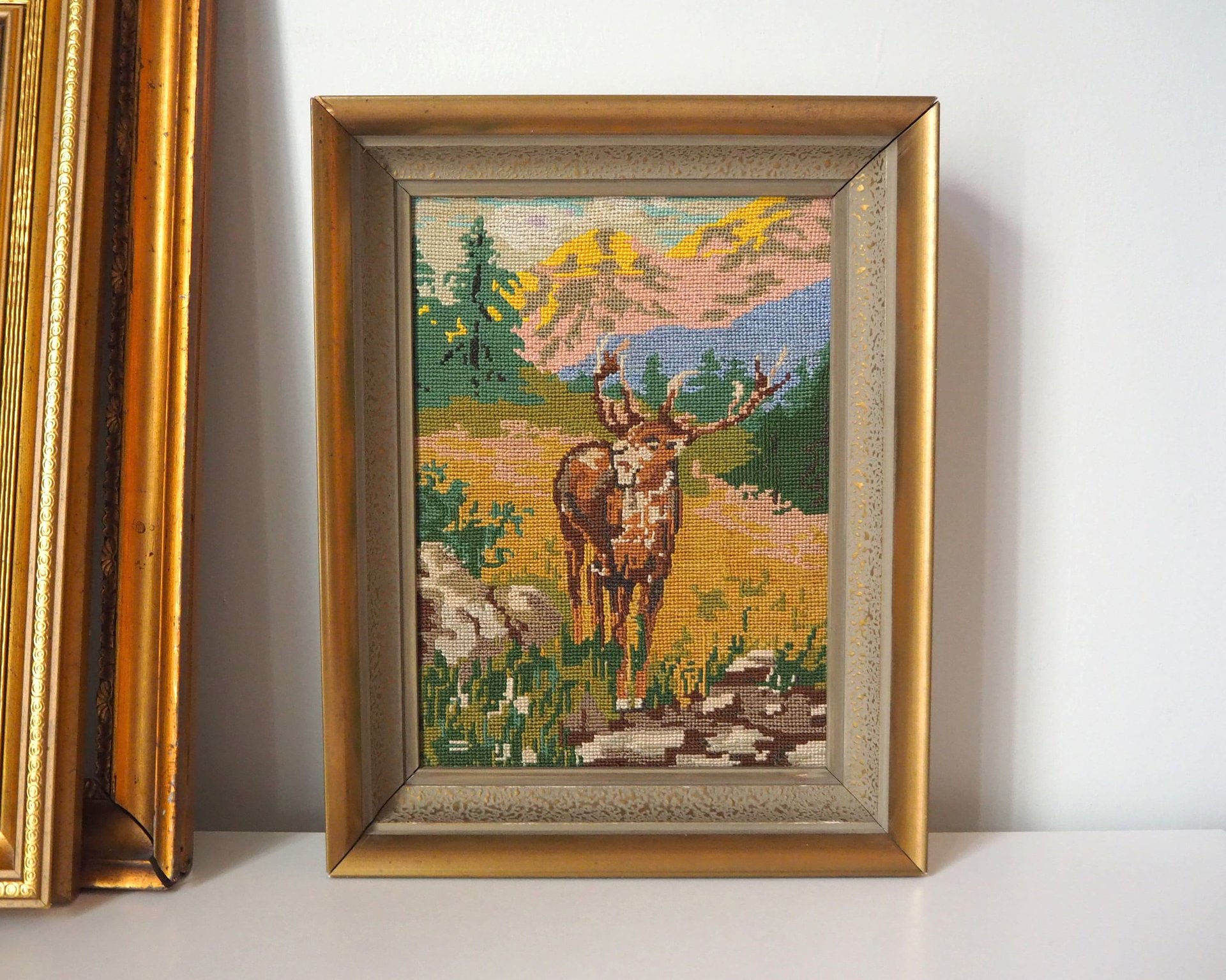 Vintage needlepoint wall art | Deer needlepoint | Scandinavian wall art | Needlepoint wall hanging | Scenery wall art