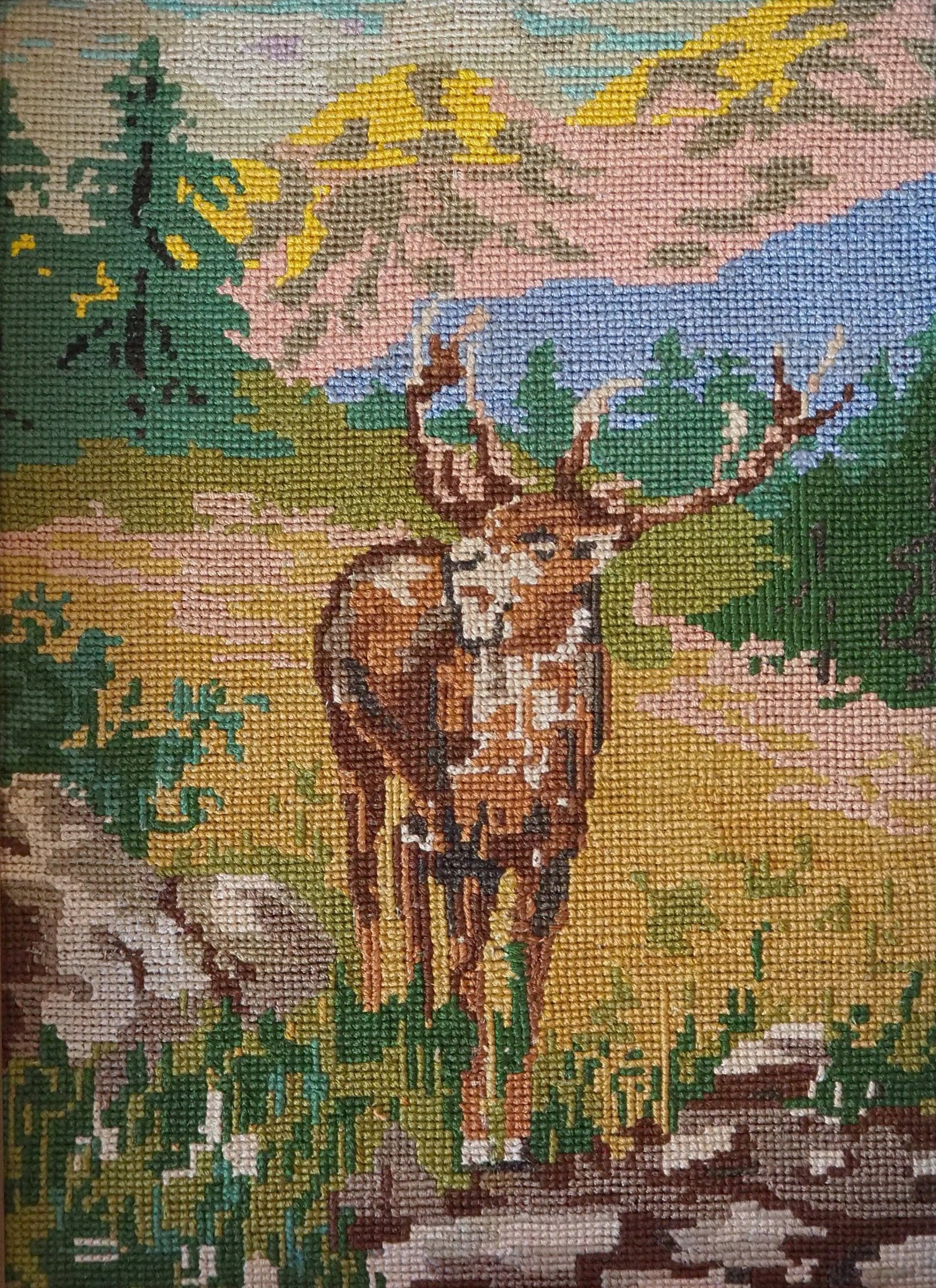 Vintage needlepoint wall art | Deer needlepoint | Scandinavian wall art | Needlepoint wall hanging | Scenery wall art