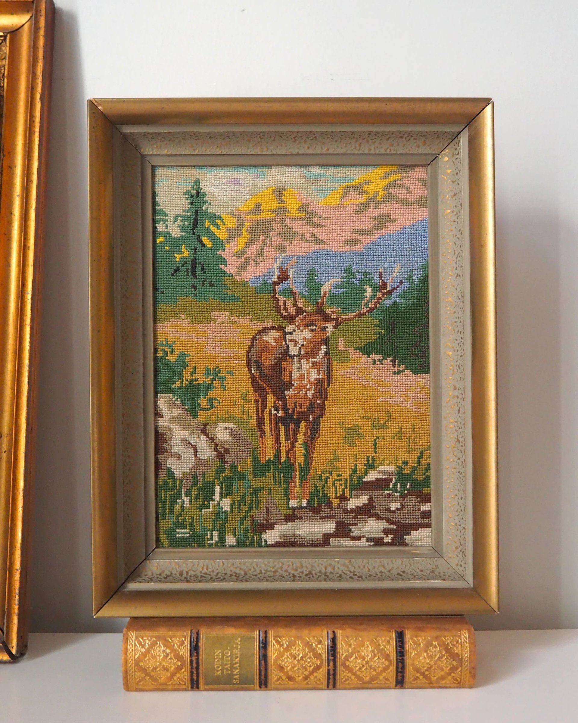 Vintage needlepoint wall art | Deer needlepoint | Scandinavian wall art | Needlepoint wall hanging | Scenery wall art