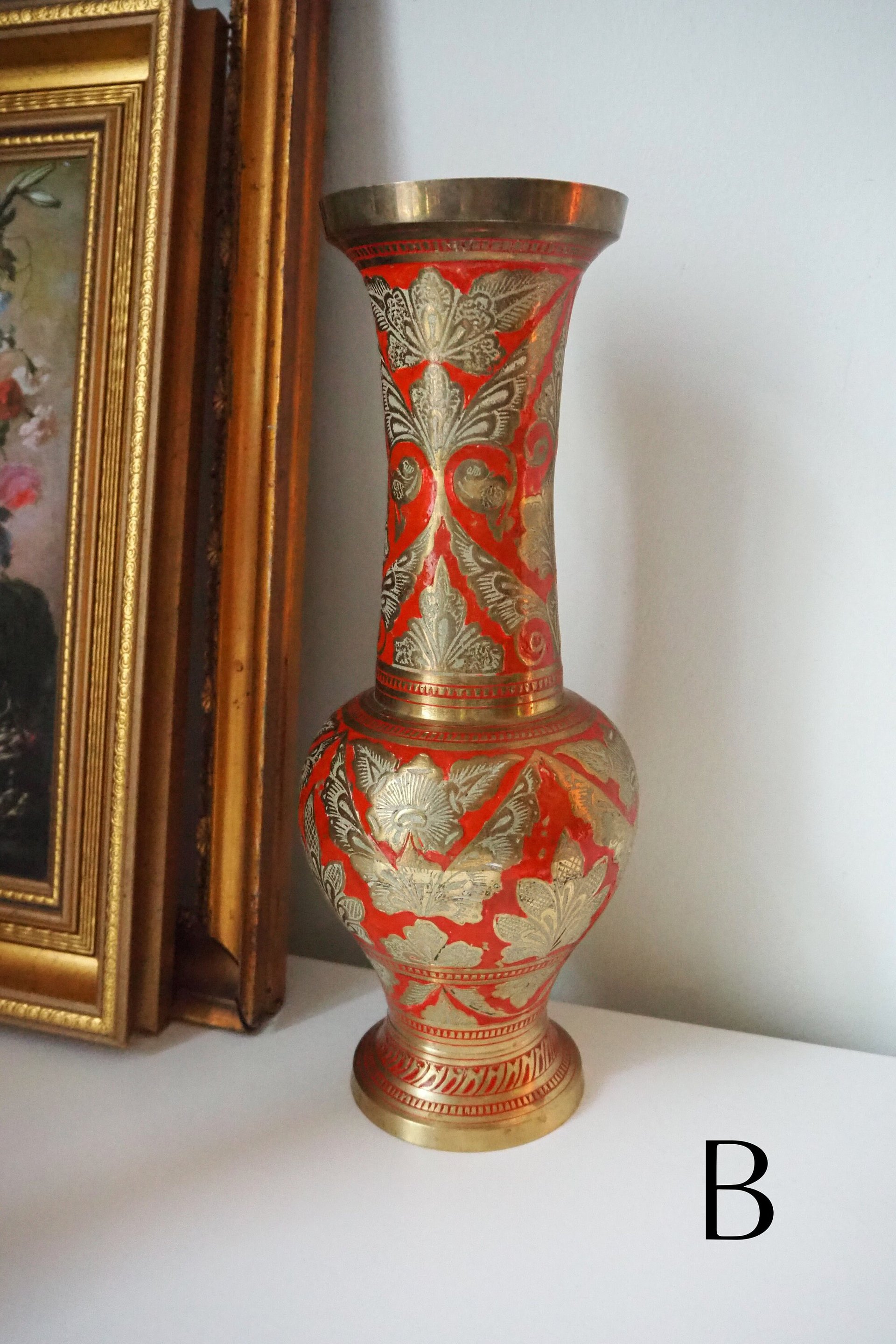 Vintage brass vase | Large enamelled brass vase | Vintage brass vases | Tall brass vase | Vintage vase | Brass and red vase