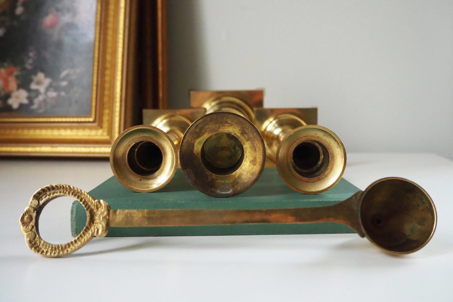 Vintage candlestick holder set | Candlestick holders | Vintage brass candlestick holders and candle snuffer | Made in Japan