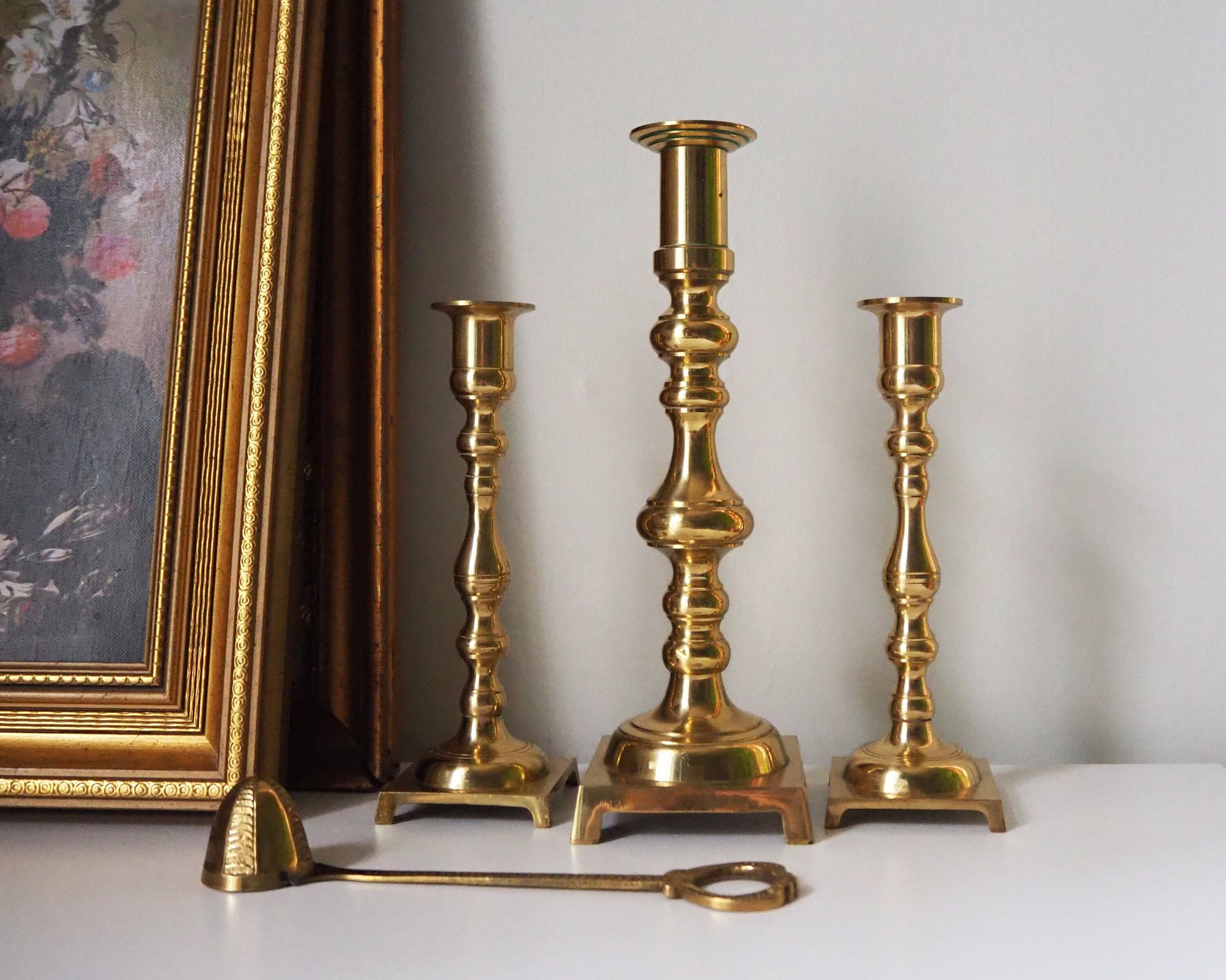 Vintage candlestick holder set | Candlestick holders | Vintage brass candlestick holders and candle snuffer | Made in Japan