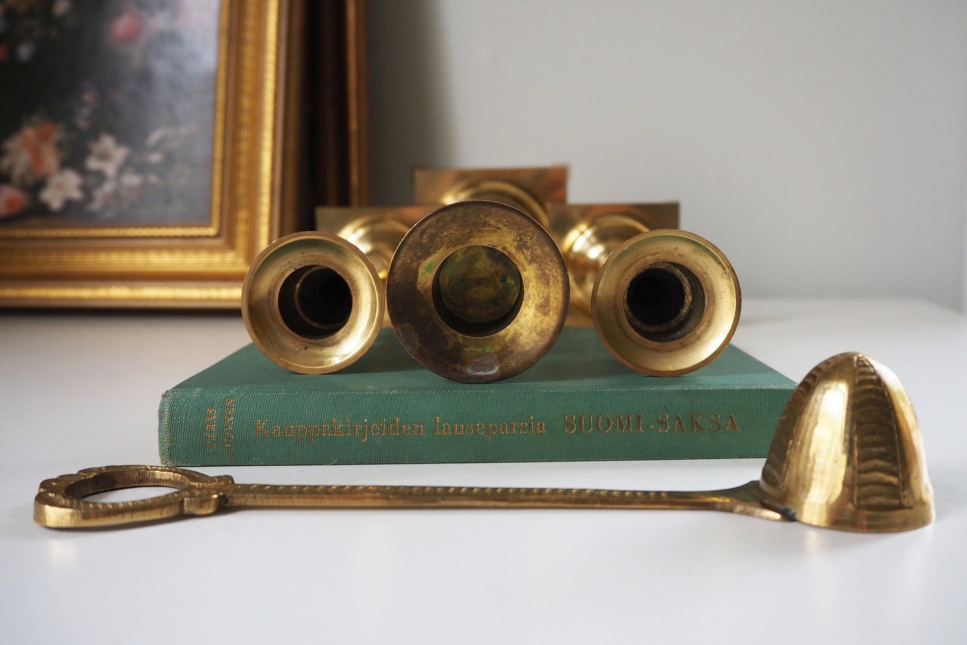 Vintage candlestick holder set | Candlestick holders | Vintage brass candlestick holders and candle snuffer | Made in Japan