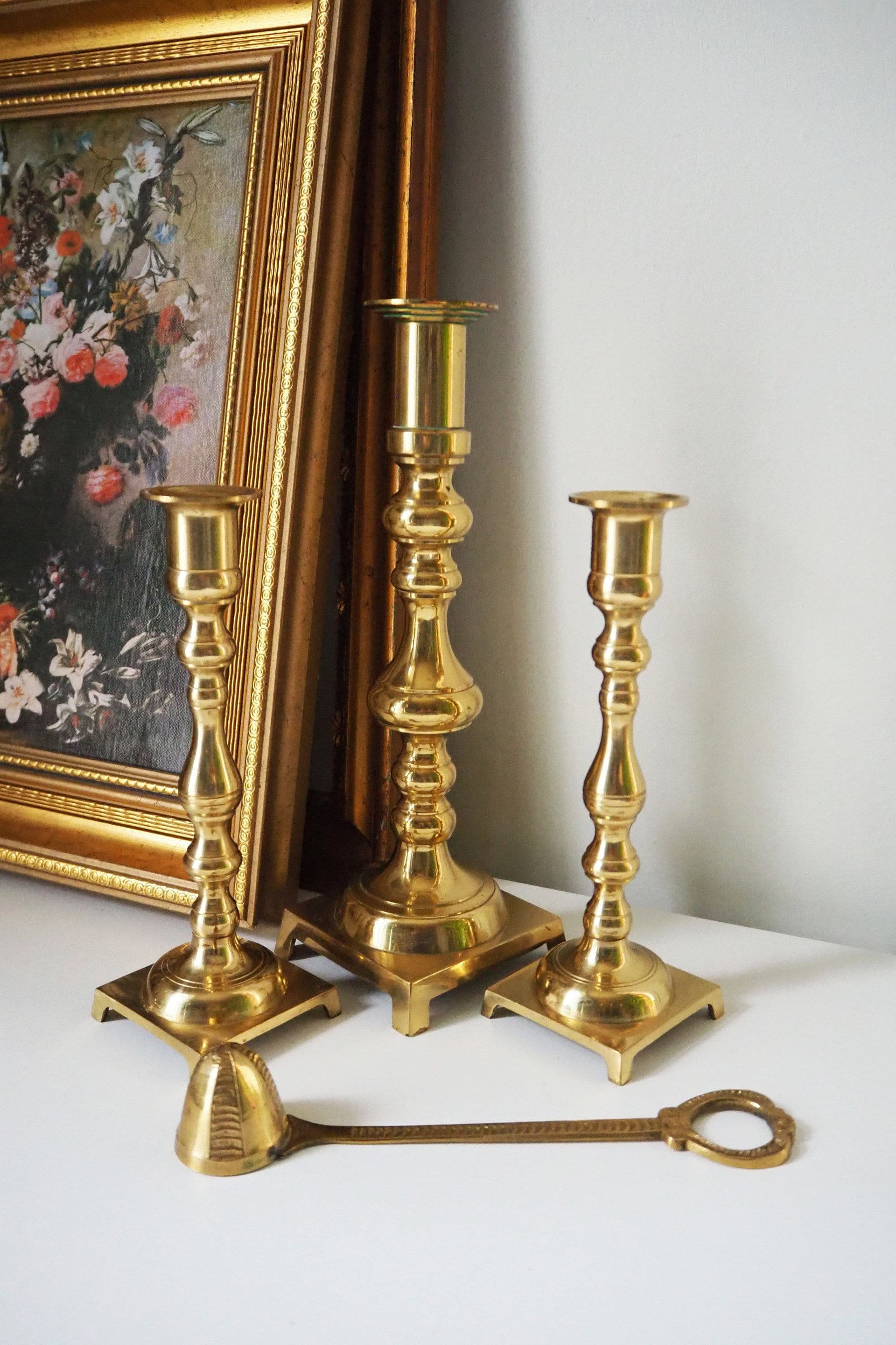 Vintage candlestick holder set | Candlestick holders | Vintage brass candlestick holders and candle snuffer | Made in Japan