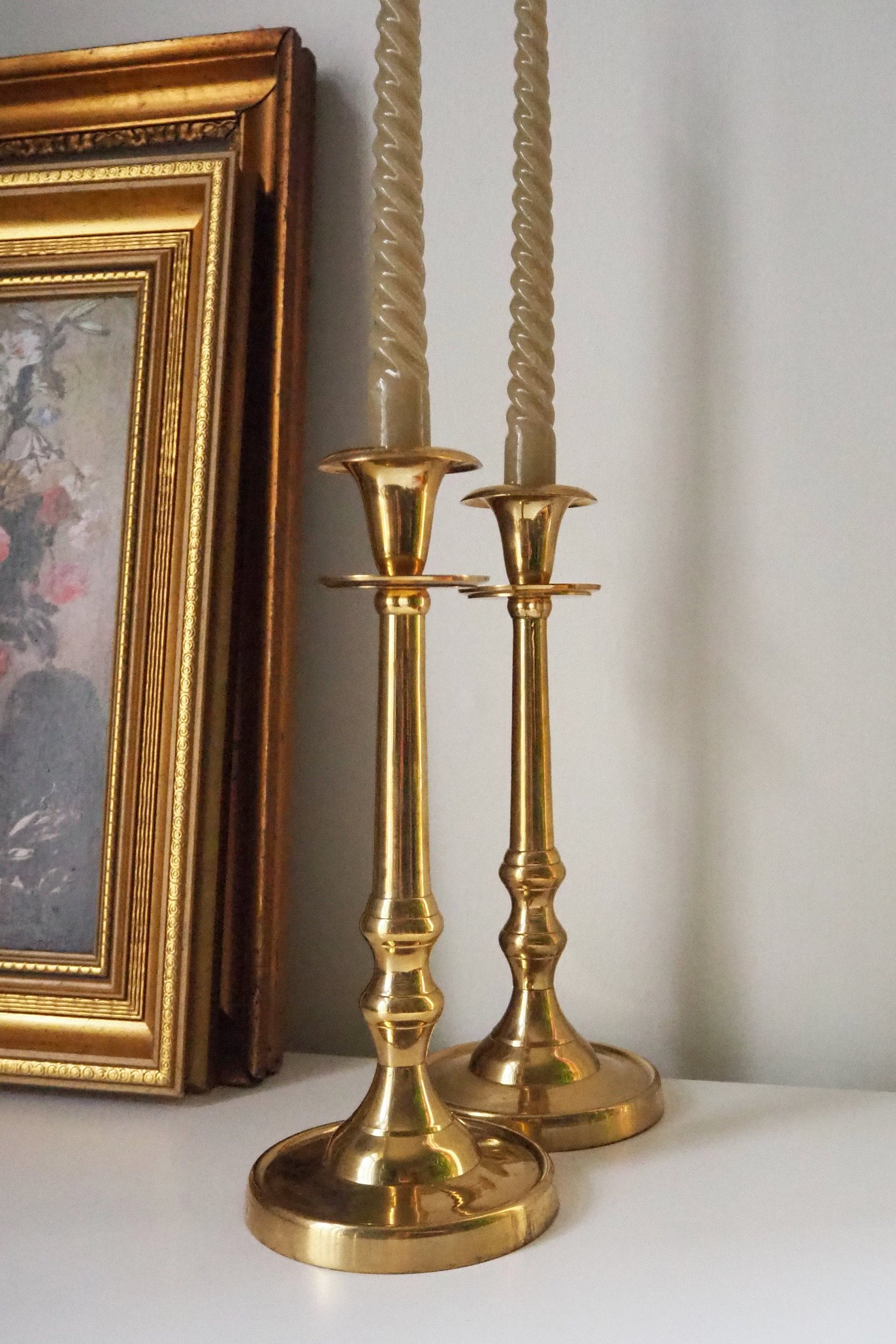 Pair of vintage candlestick holders | Brass candlestick holders | Tall brass candlestick holders