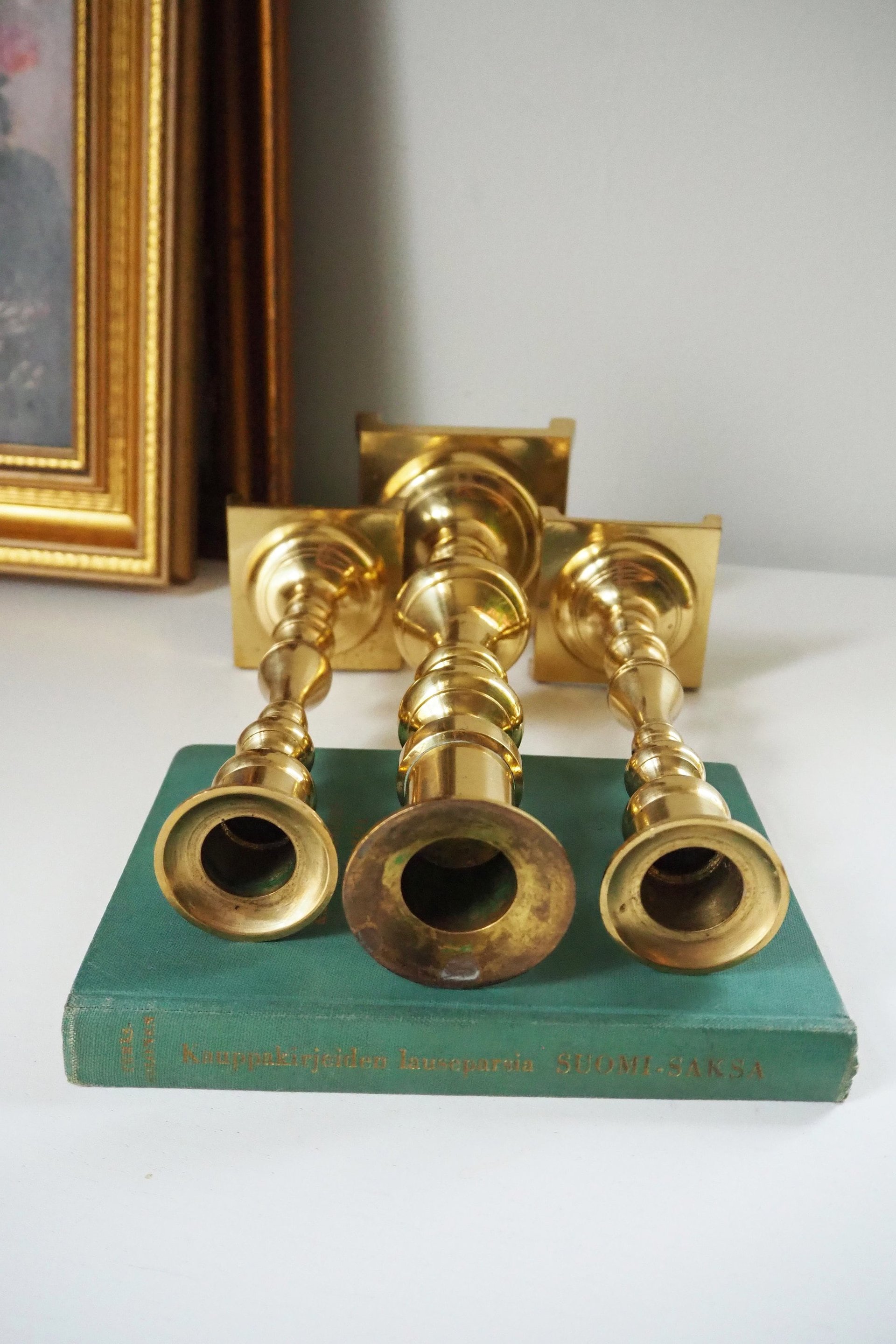 Vintage candlestick holder set | Candlestick holders | Vintage brass candlestick holders and candle snuffer | Made in Japan
