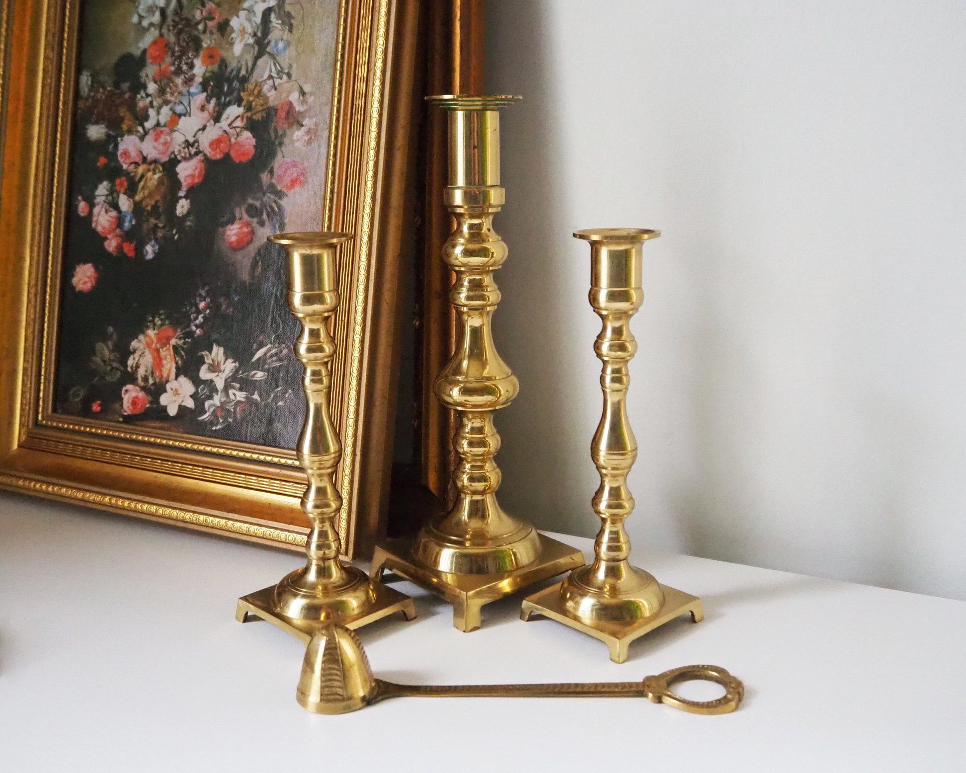Vintage candlestick holder set | Candlestick holders | Vintage brass candlestick holders and candle snuffer | Made in Japan