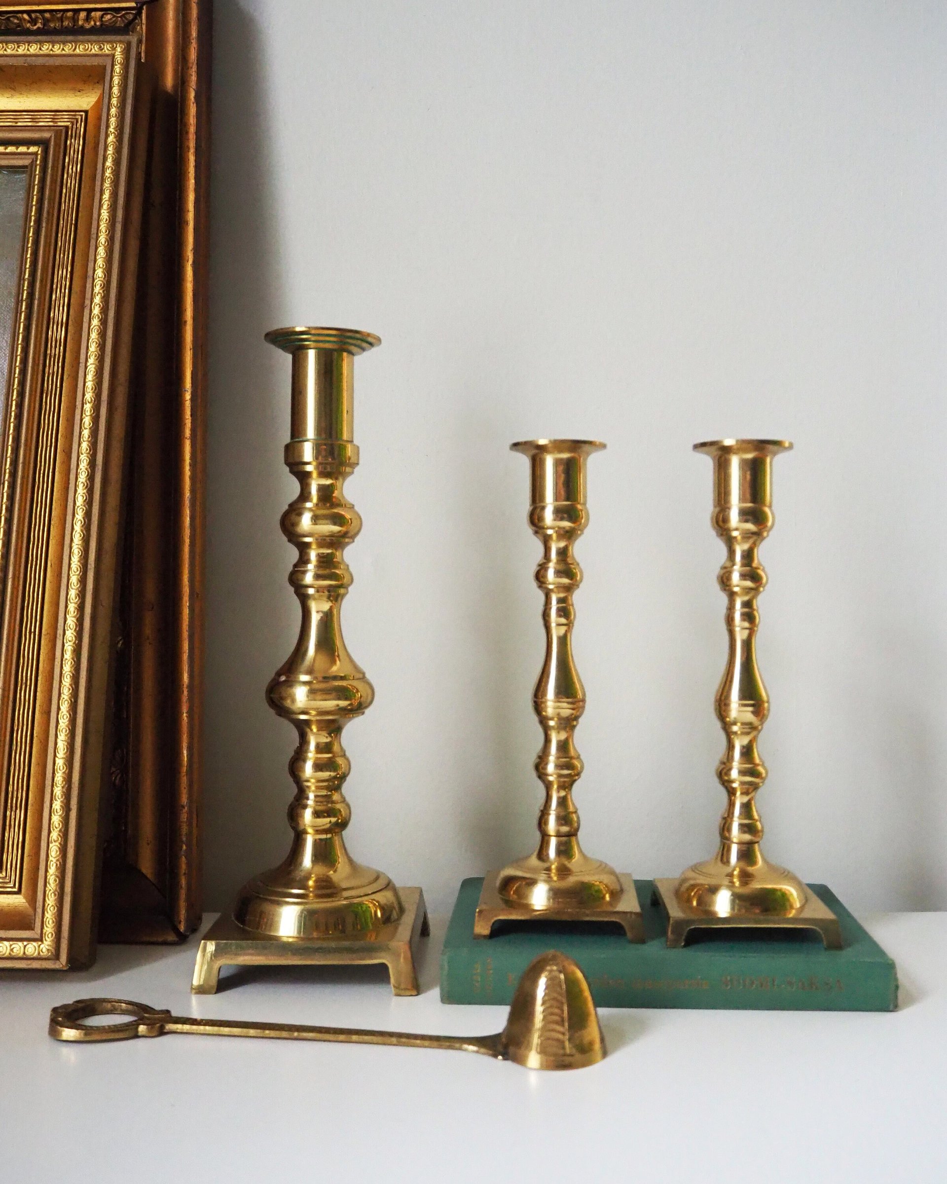 Vintage candlestick holder set | Candlestick holders | Vintage brass candlestick holders and candle snuffer | Made in Japan