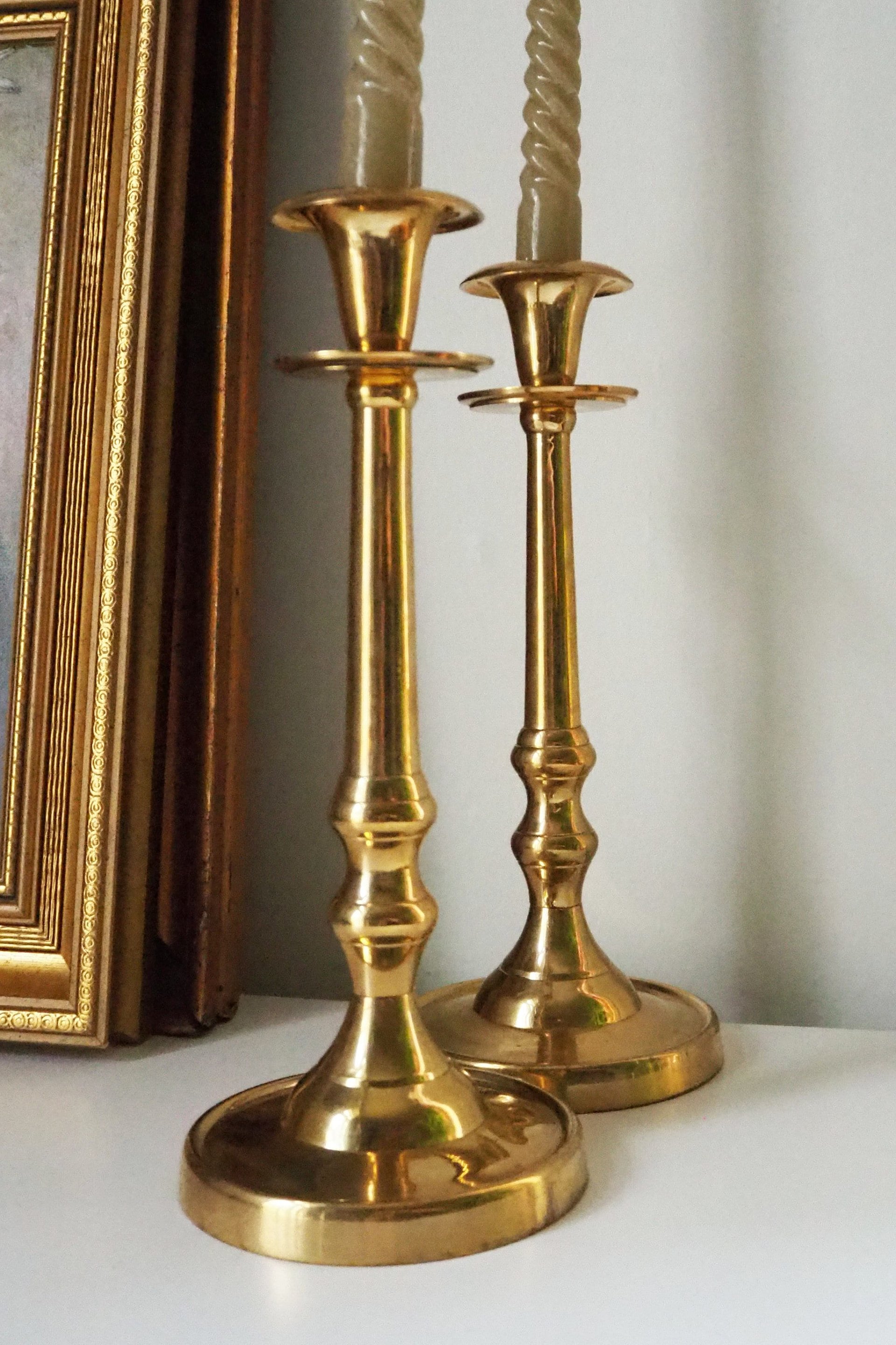 Pair of vintage candlestick holders | Brass candlestick holders | Tall brass candlestick holders
