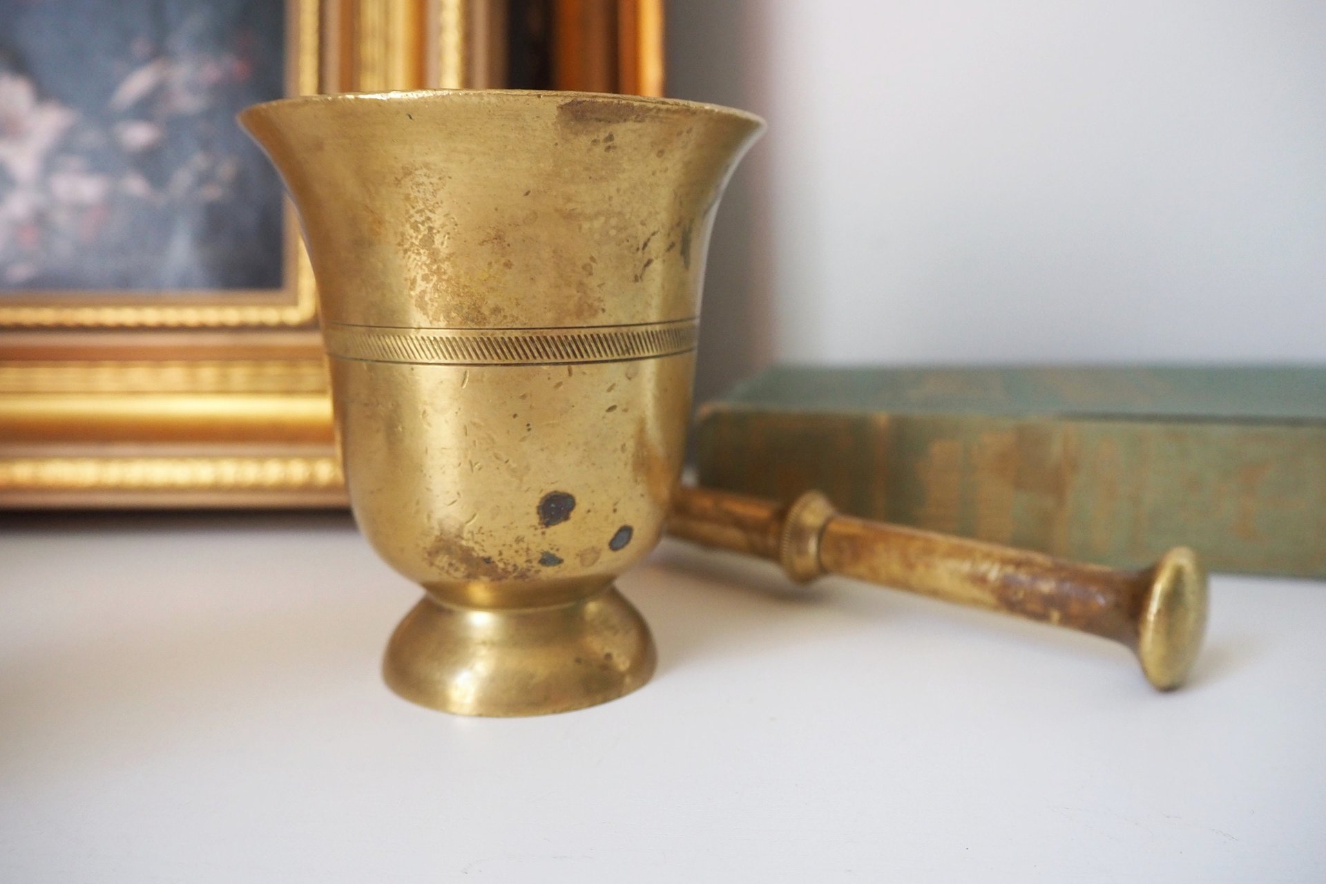 Vintage brass mortar and pestle | Vintage brass mortar | Mariefors-Kellokoski mortar | Made in Finland | Brass mortar
