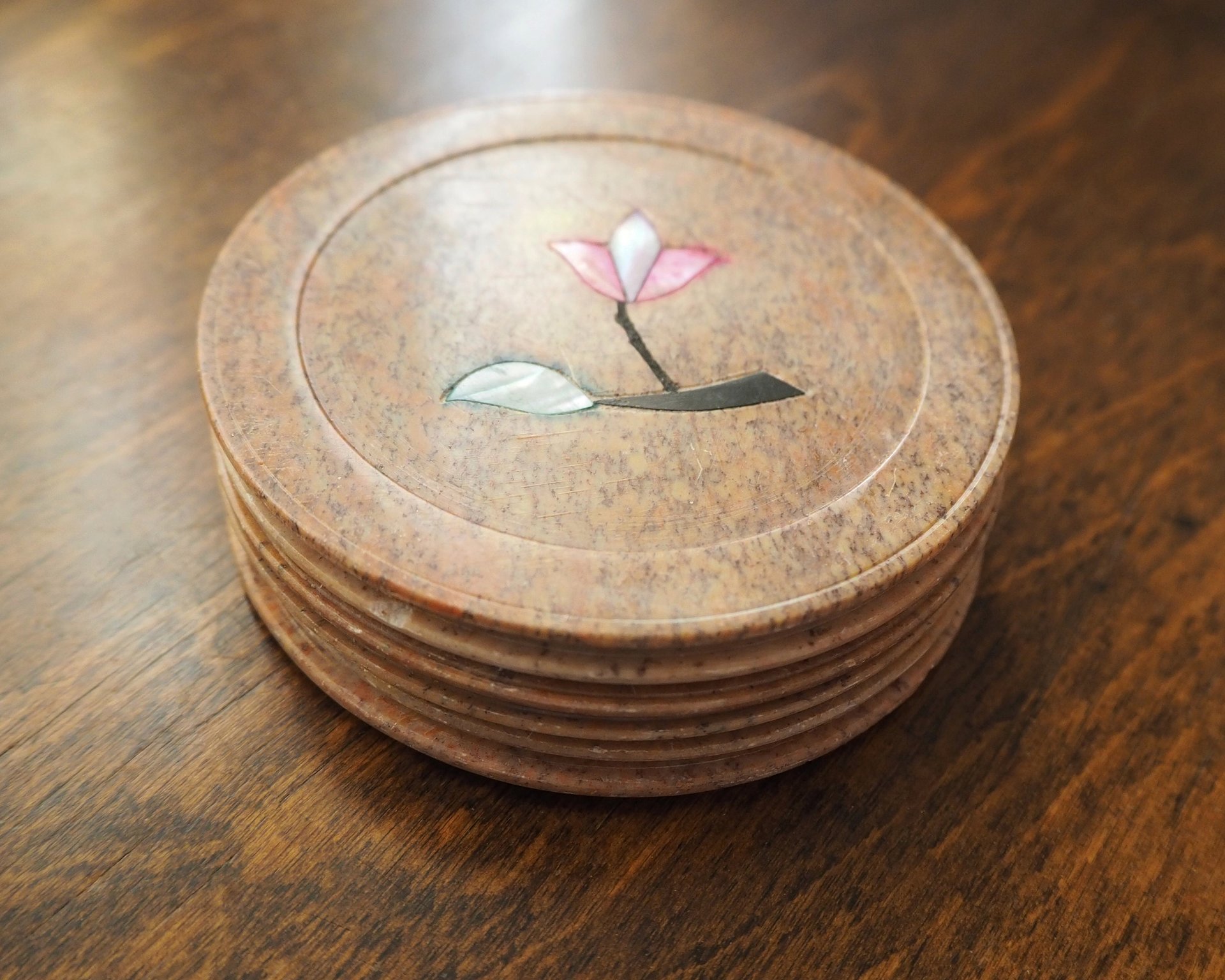 Vintage coasters | Set of six stone coasters with mother of pearl inlays | Vintage stone coaster set | Floral coasters | Marble coasters