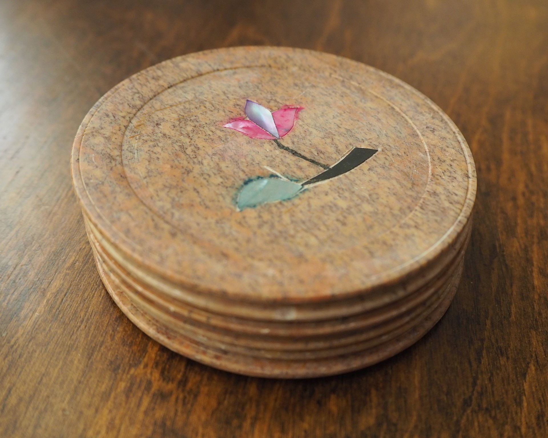 Vintage coasters | Set of six stone coasters with mother of pearl inlays | Vintage stone coaster set | Floral coasters | Marble coasters