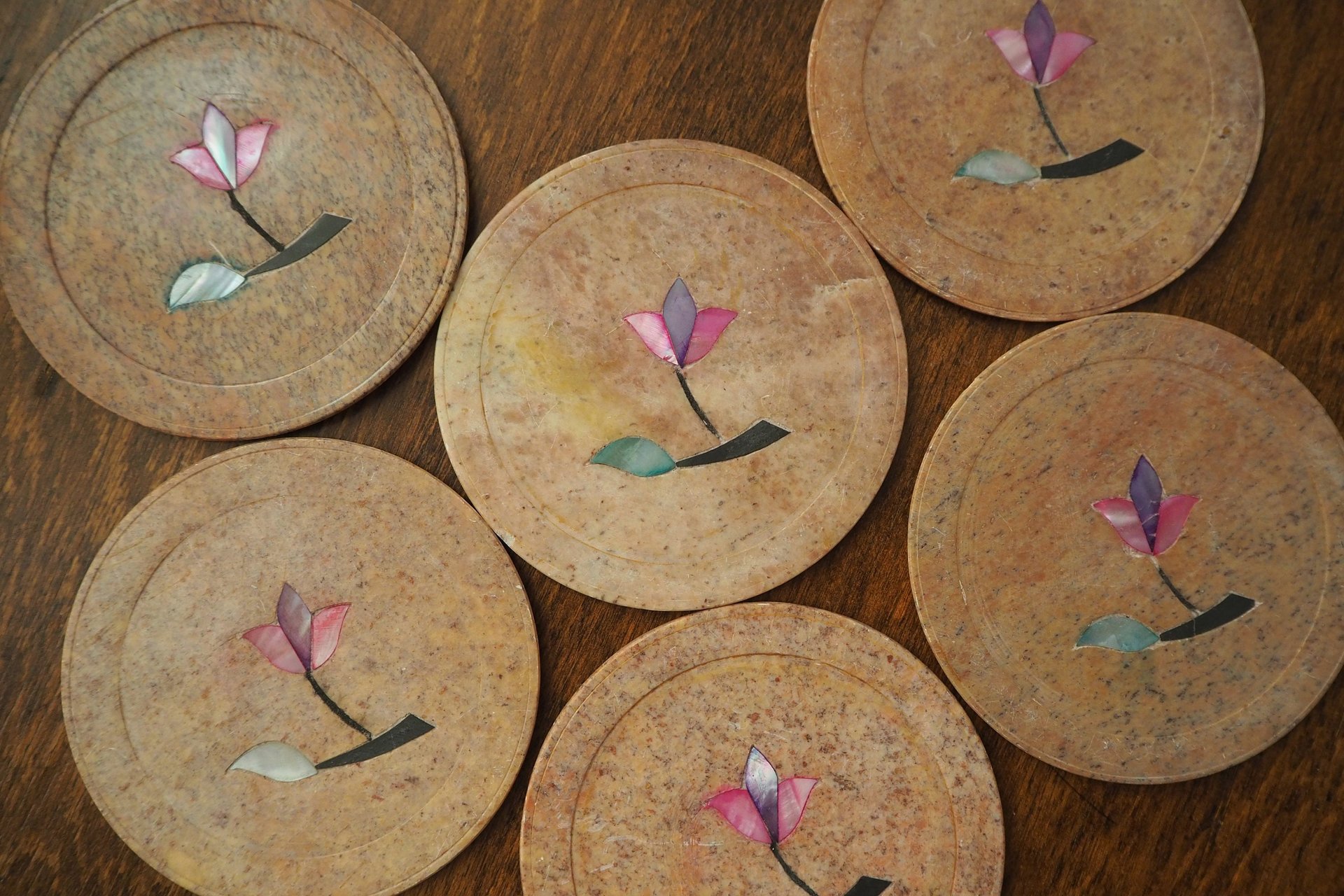 Vintage coasters | Set of six stone coasters with mother of pearl inlays | Vintage stone coaster set | Floral coasters | Marble coasters
