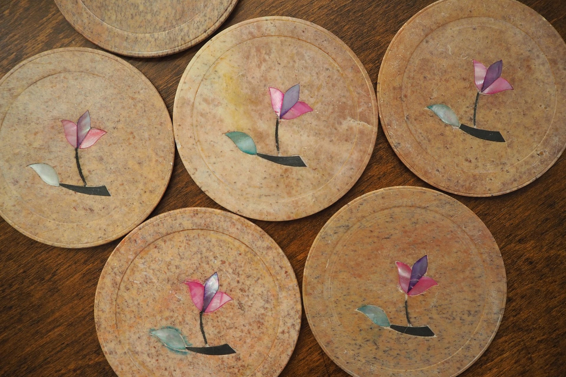 Vintage coasters | Set of six stone coasters with mother of pearl inlays | Vintage stone coaster set | Floral coasters | Marble coasters