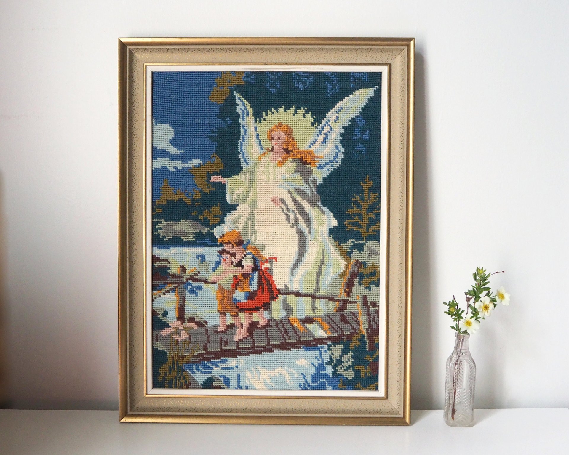 Vintage needlepoint wall art | Guardian angel needlepoint | Scandinavian wall art | Needlepoint wall hanging | Wool needlepoint