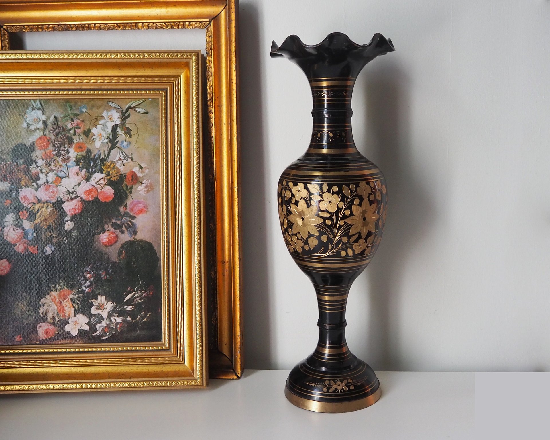 Vintage brass vase | Large vintage vase | Black brass vase | Etched floral brass vase black