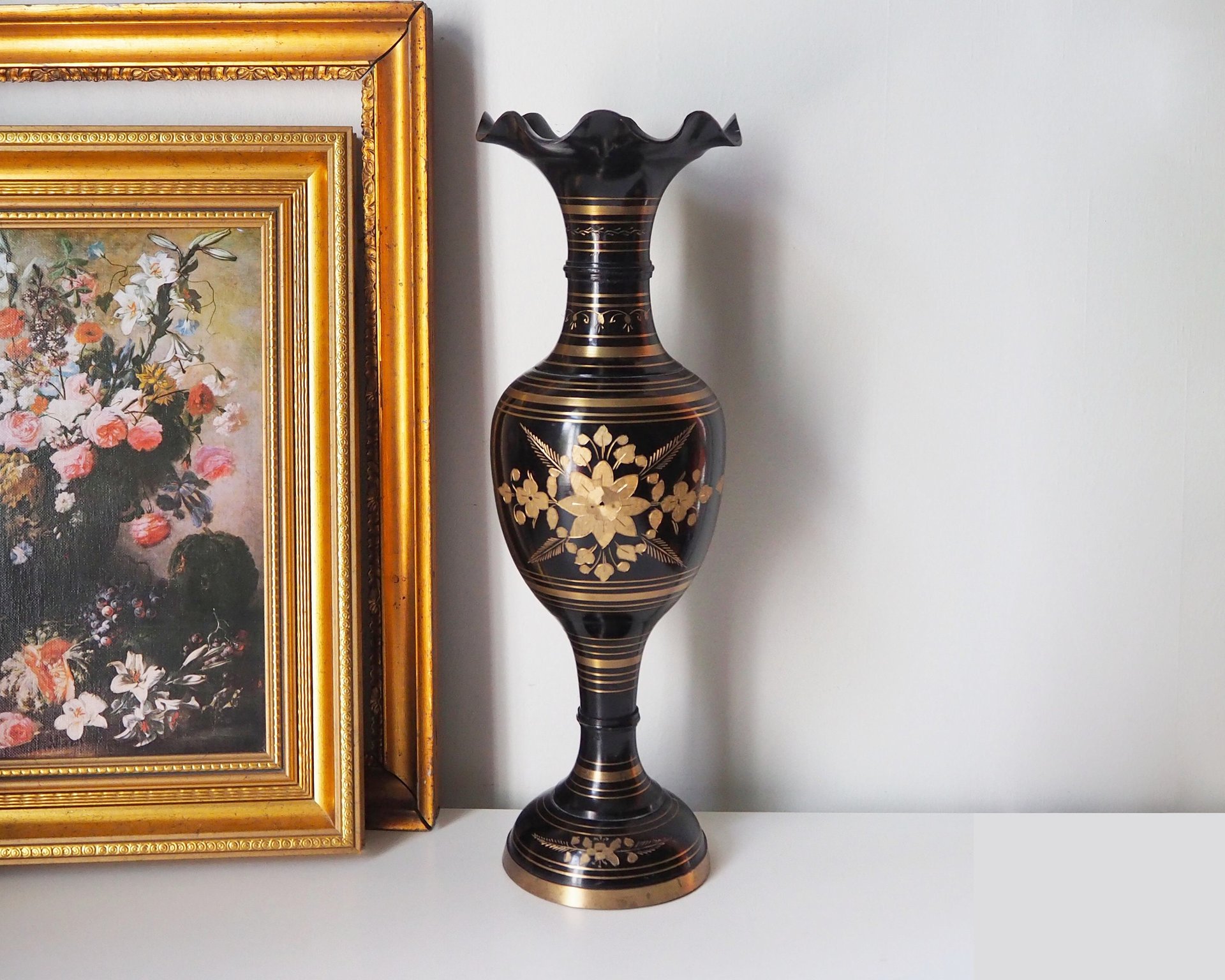 Vintage brass vase | Large vintage vase | Black brass vase | Etched floral brass vase black