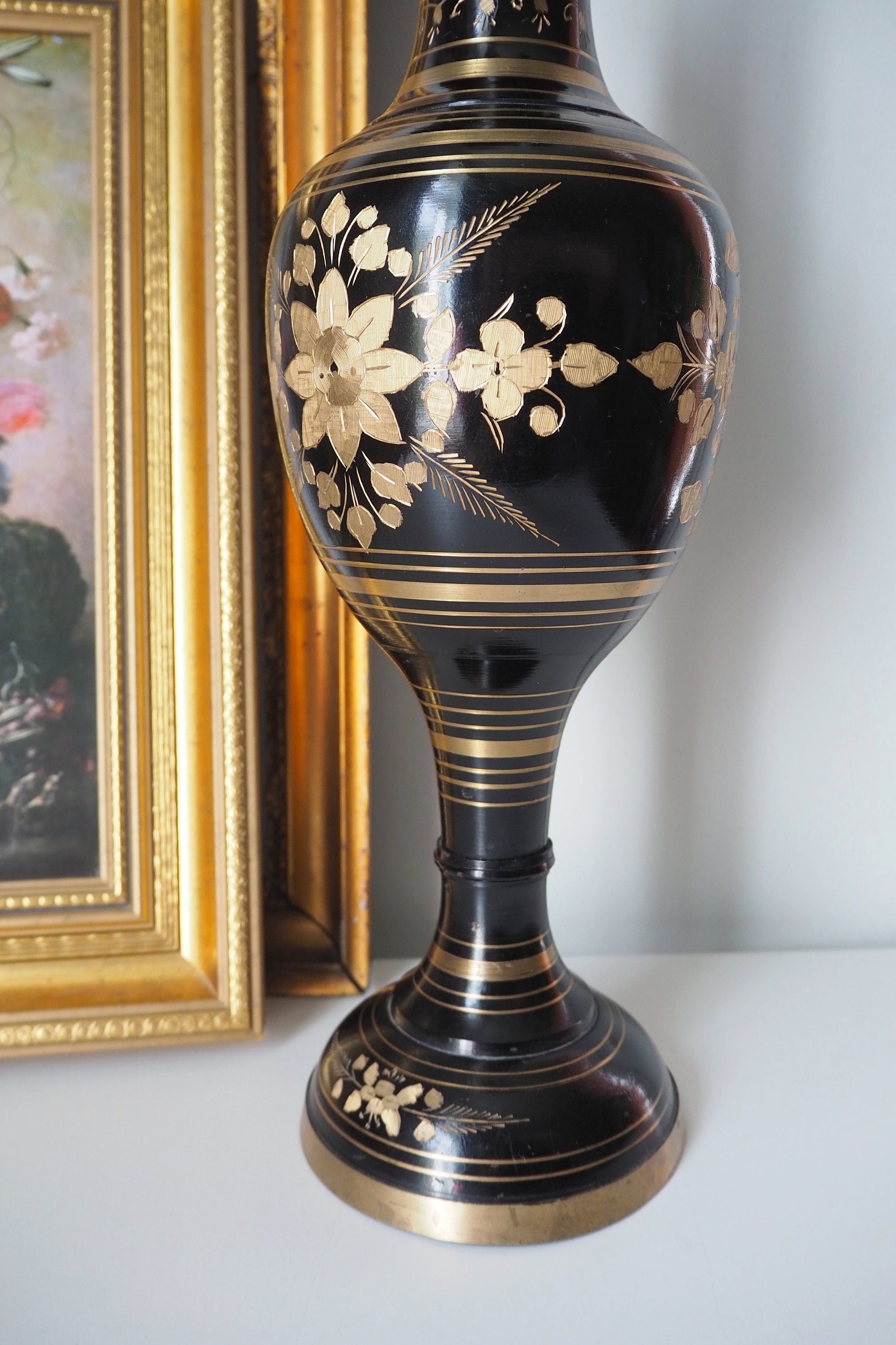 Vintage brass vase | Large vintage vase | Black brass vase | Etched floral brass vase black
