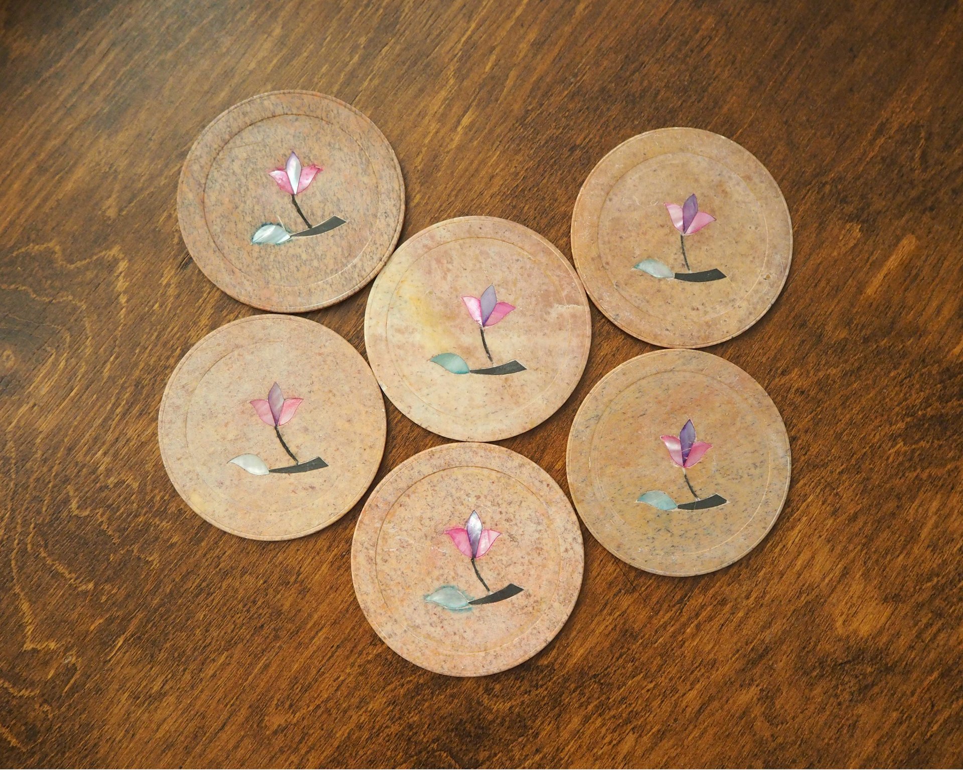 Vintage coasters | Set of six stone coasters with mother of pearl inlays | Vintage stone coaster set | Floral coasters | Marble coasters