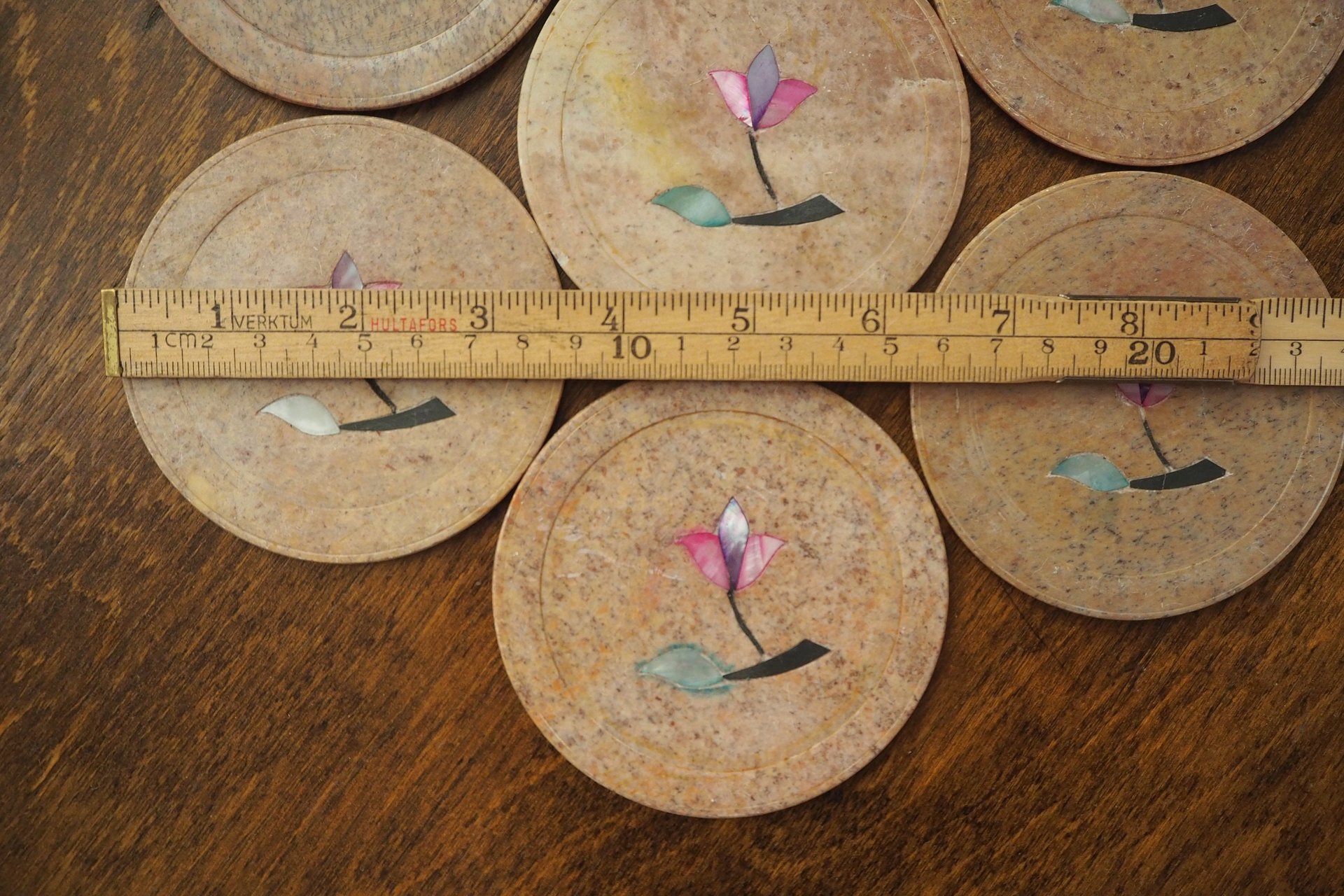 Vintage coasters | Set of six stone coasters with mother of pearl inlays | Vintage stone coaster set | Floral coasters | Marble coasters