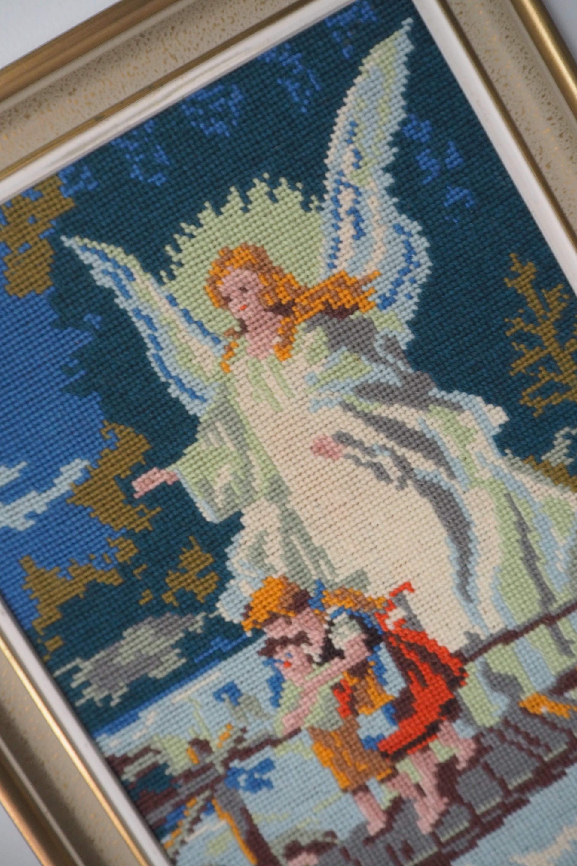Vintage needlepoint wall art | Guardian angel needlepoint | Scandinavian wall art | Needlepoint wall hanging | Wool needlepoint