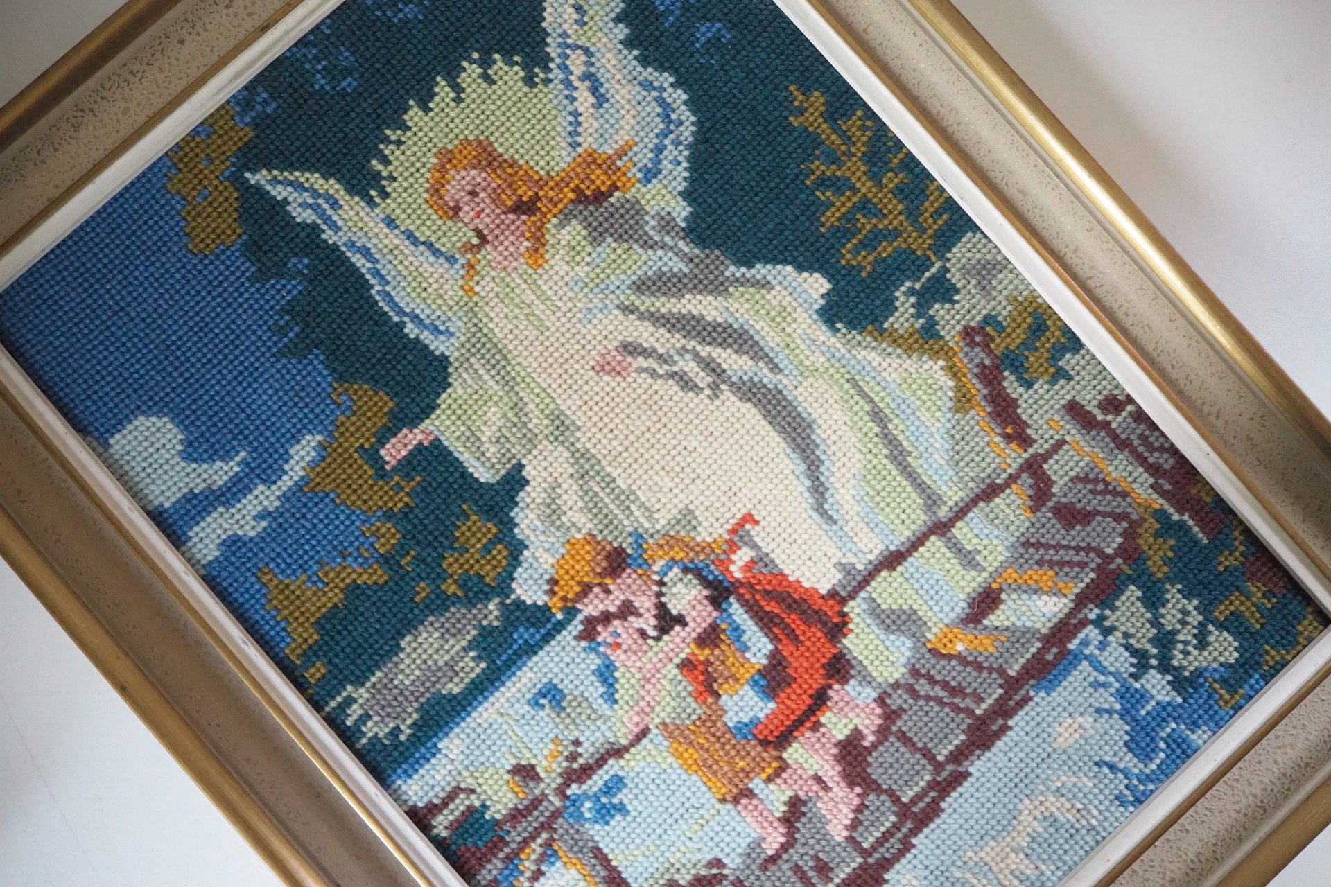 Vintage needlepoint wall art | Guardian angel needlepoint | Scandinavian wall art | Needlepoint wall hanging | Wool needlepoint