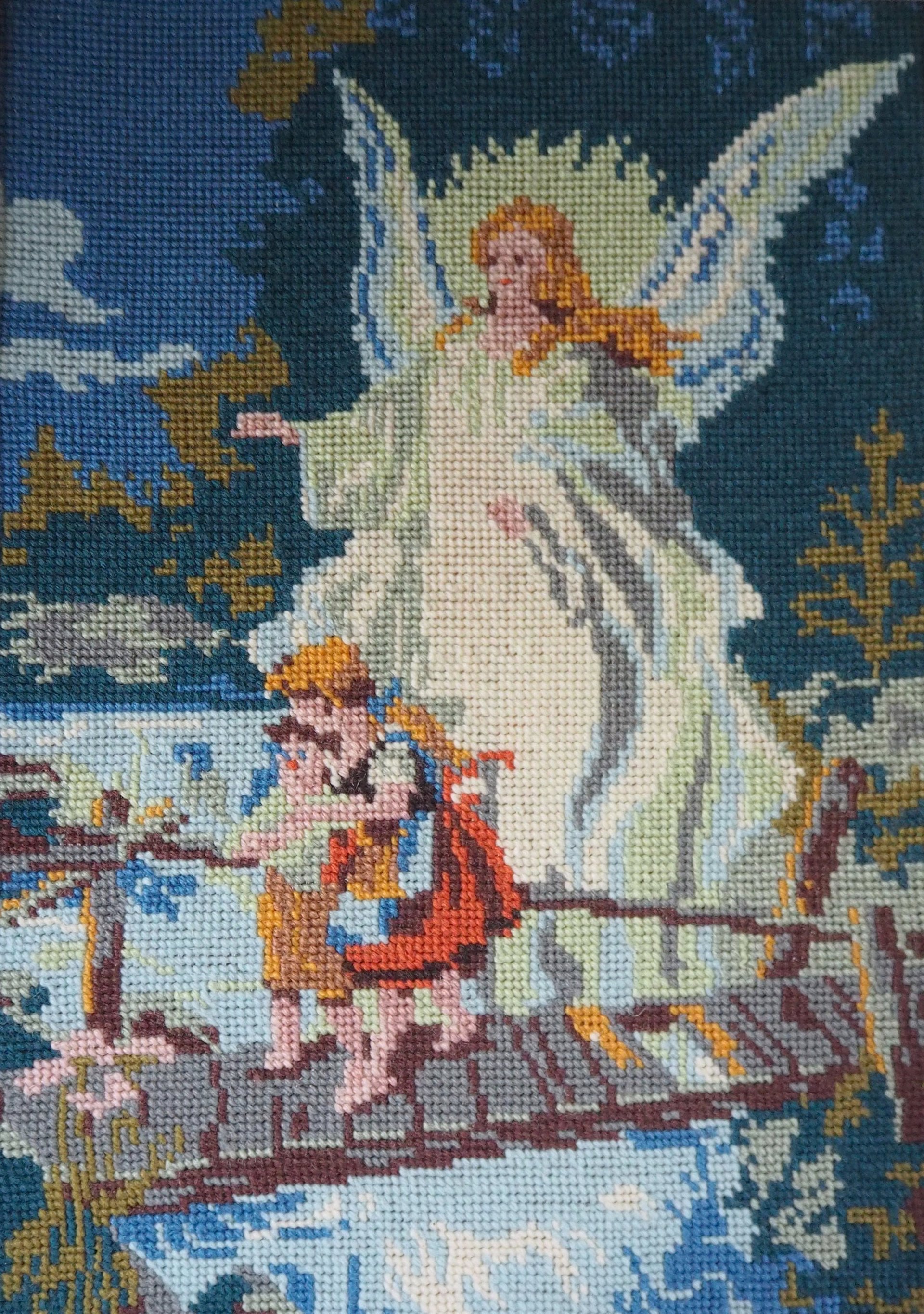Vintage needlepoint wall art | Guardian angel needlepoint | Scandinavian wall art | Needlepoint wall hanging | Wool needlepoint
