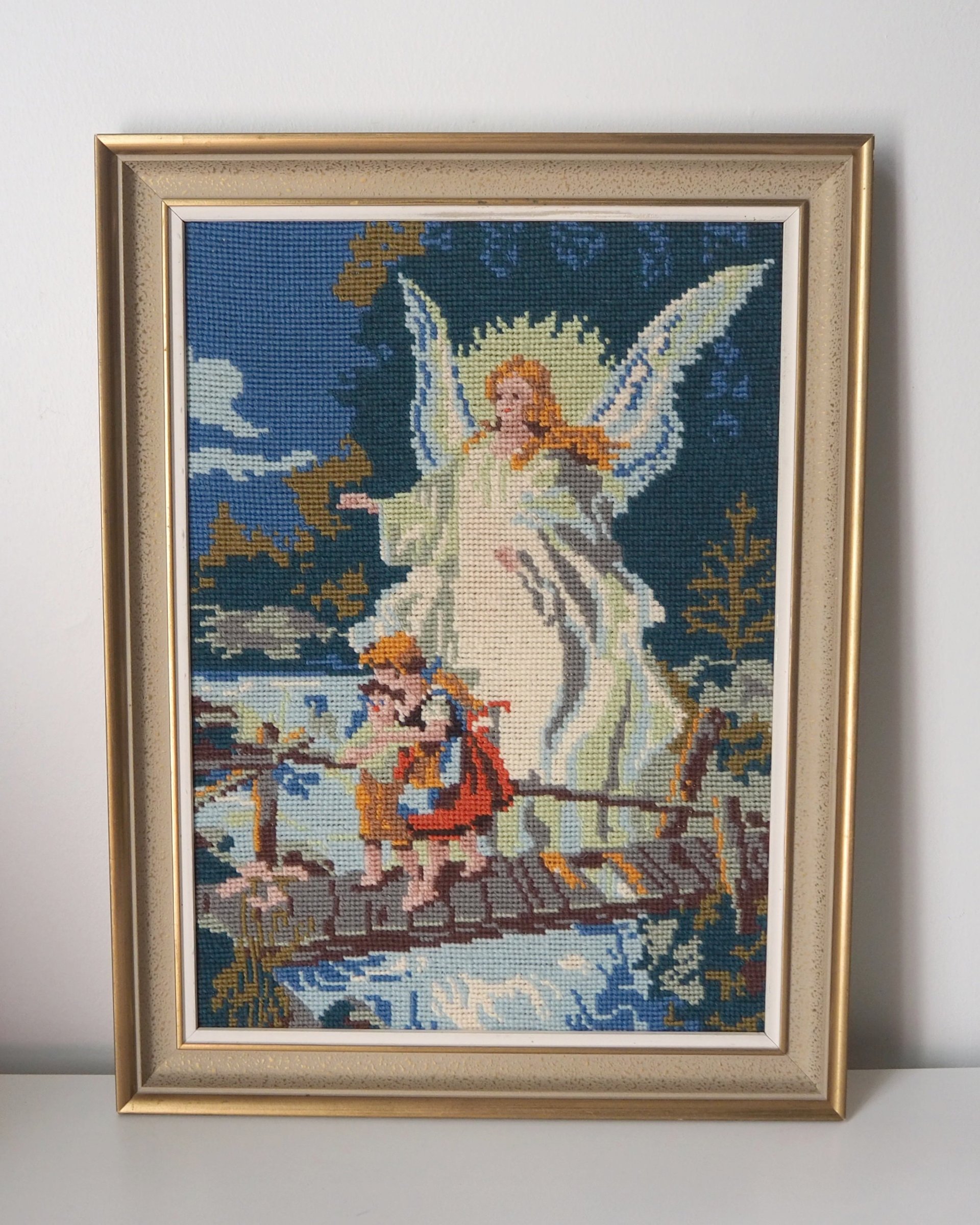 Vintage needlepoint wall art | Guardian angel needlepoint | Scandinavian wall art | Needlepoint wall hanging | Wool needlepoint