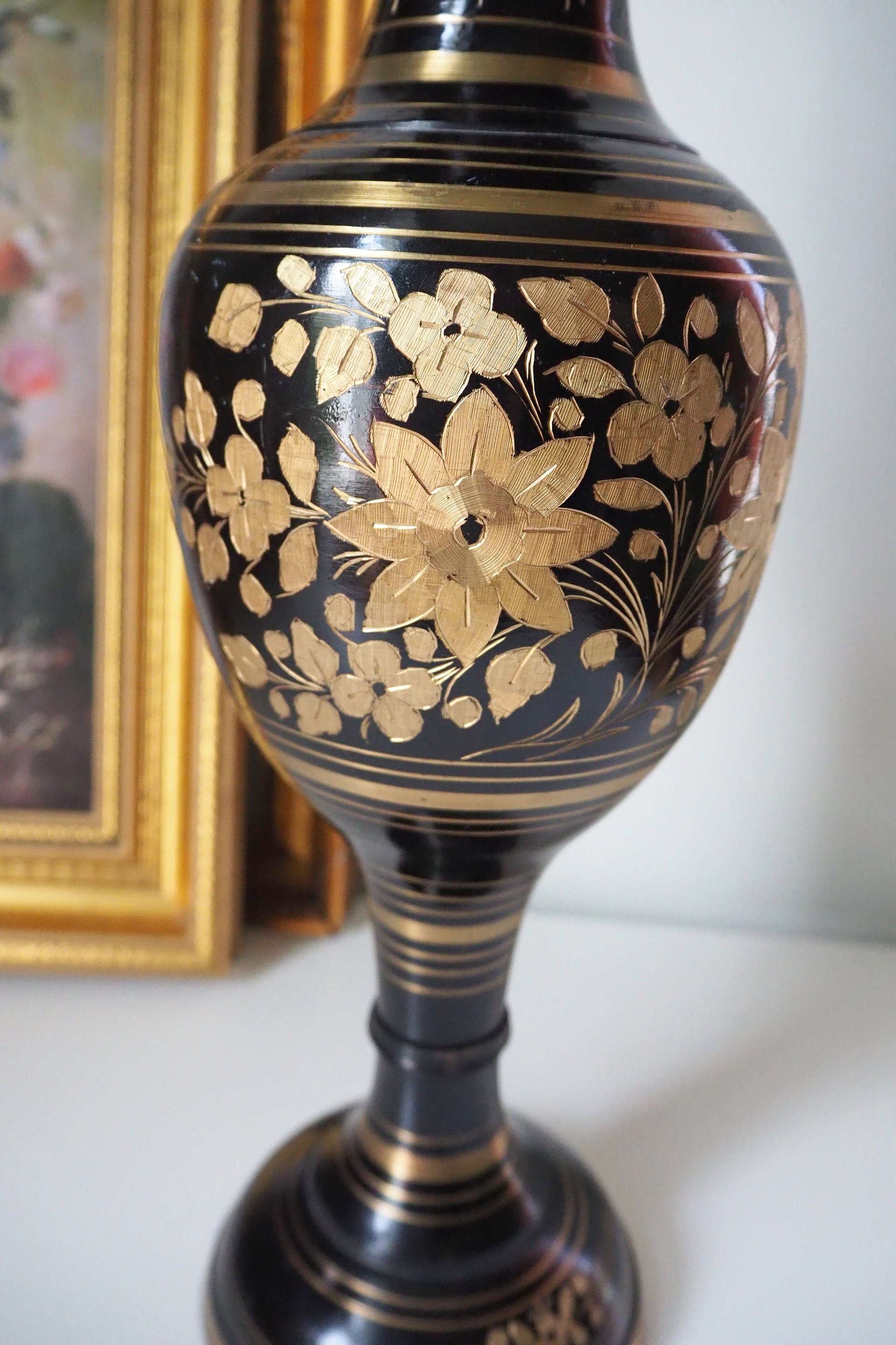Vintage brass vase | Large vintage vase | Black brass vase | Etched floral brass vase black