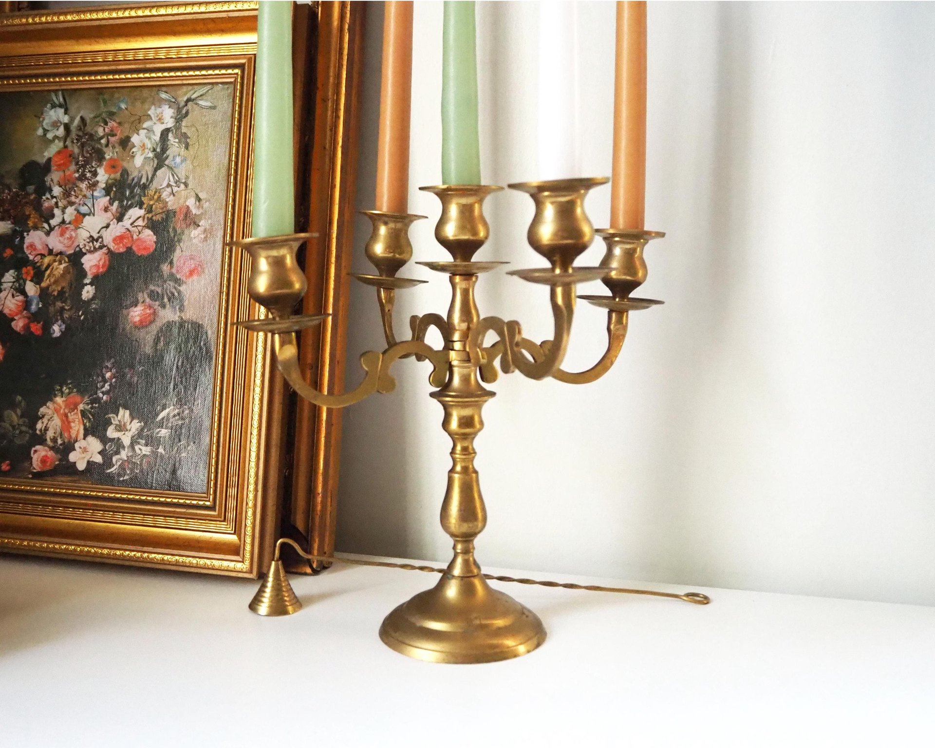 Vintage five arm candelabra | Brass candelabra | Five arm candlestick holder | Vintage candelabrum | Brass candelabrum set | Candle snuffer