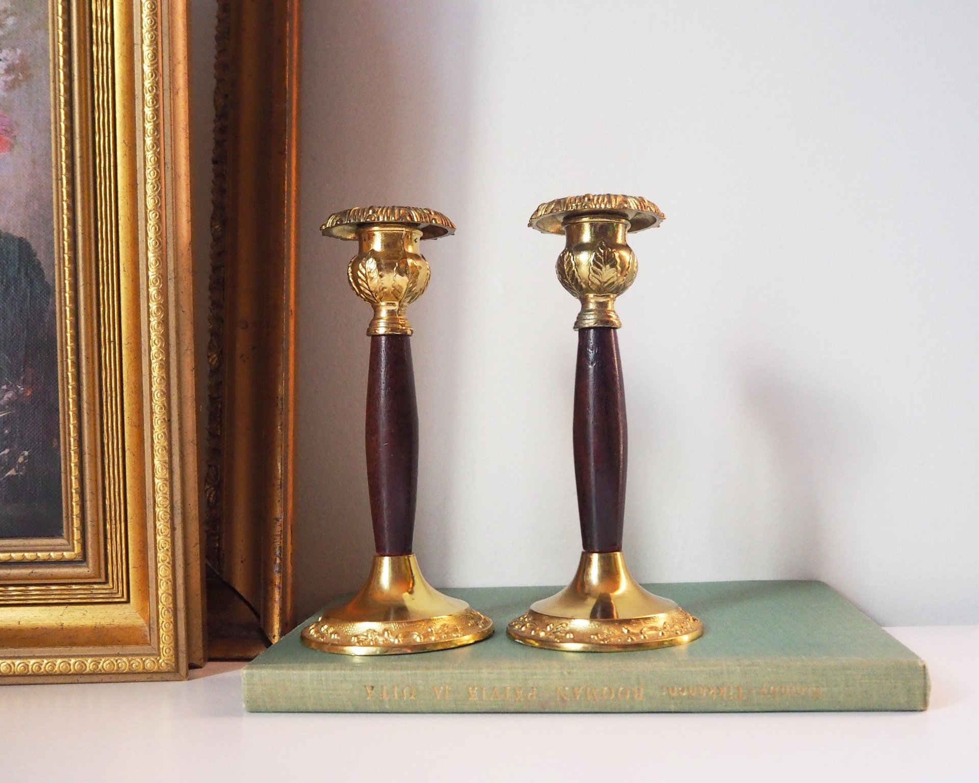 Set of two vintage candlestick holders | Gold plated candle holders | Vintage gold and wood candle holders | Made in England