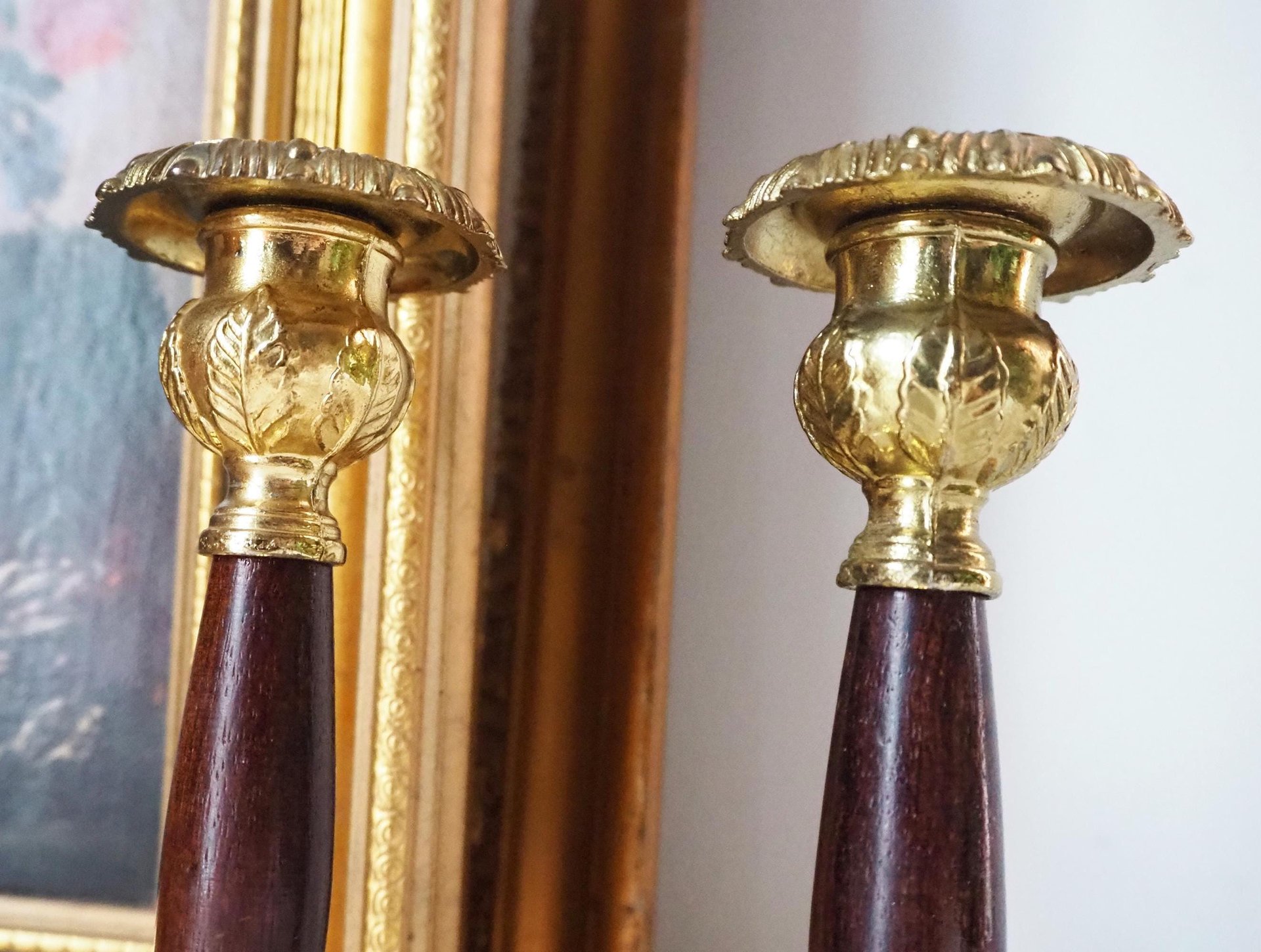 Set of two vintage candlestick holders | Gold plated candle holders | Vintage gold and wood candle holders | Made in England
