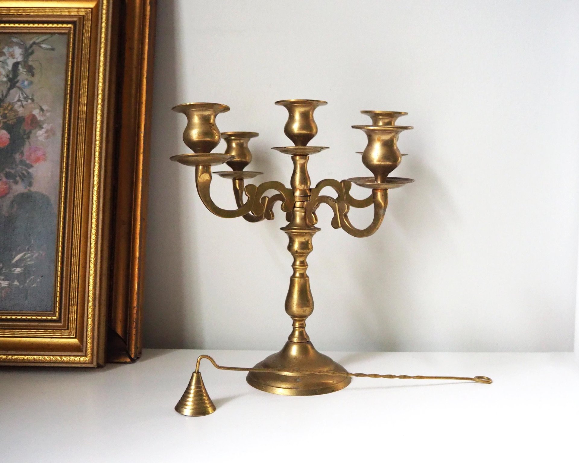 Vintage five arm candelabra | Brass candelabra | Five arm candlestick holder | Vintage candelabrum | Brass candelabrum set | Candle snuffer