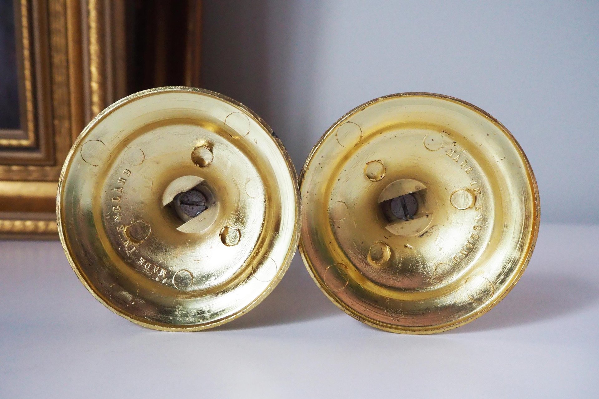 Set of two vintage candlestick holders | Gold plated candle holders | Vintage gold and wood candle holders | Made in England