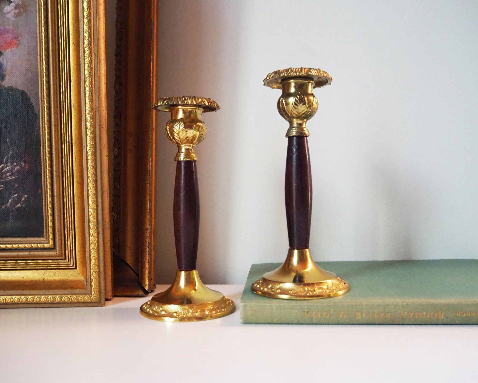 Set of two vintage candlestick holders | Gold plated candle holders | Vintage gold and wood candle holders | Made in England