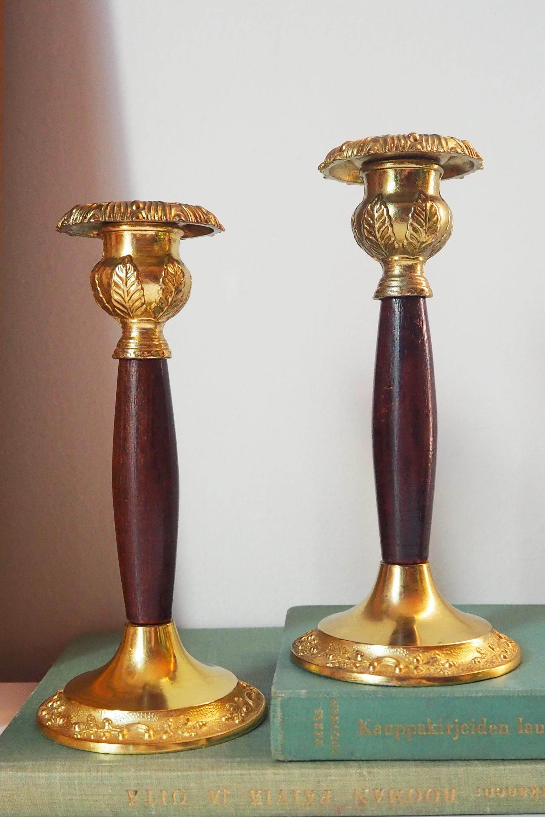 Set of two vintage candlestick holders | Gold plated candle holders | Vintage gold and wood candle holders | Made in England