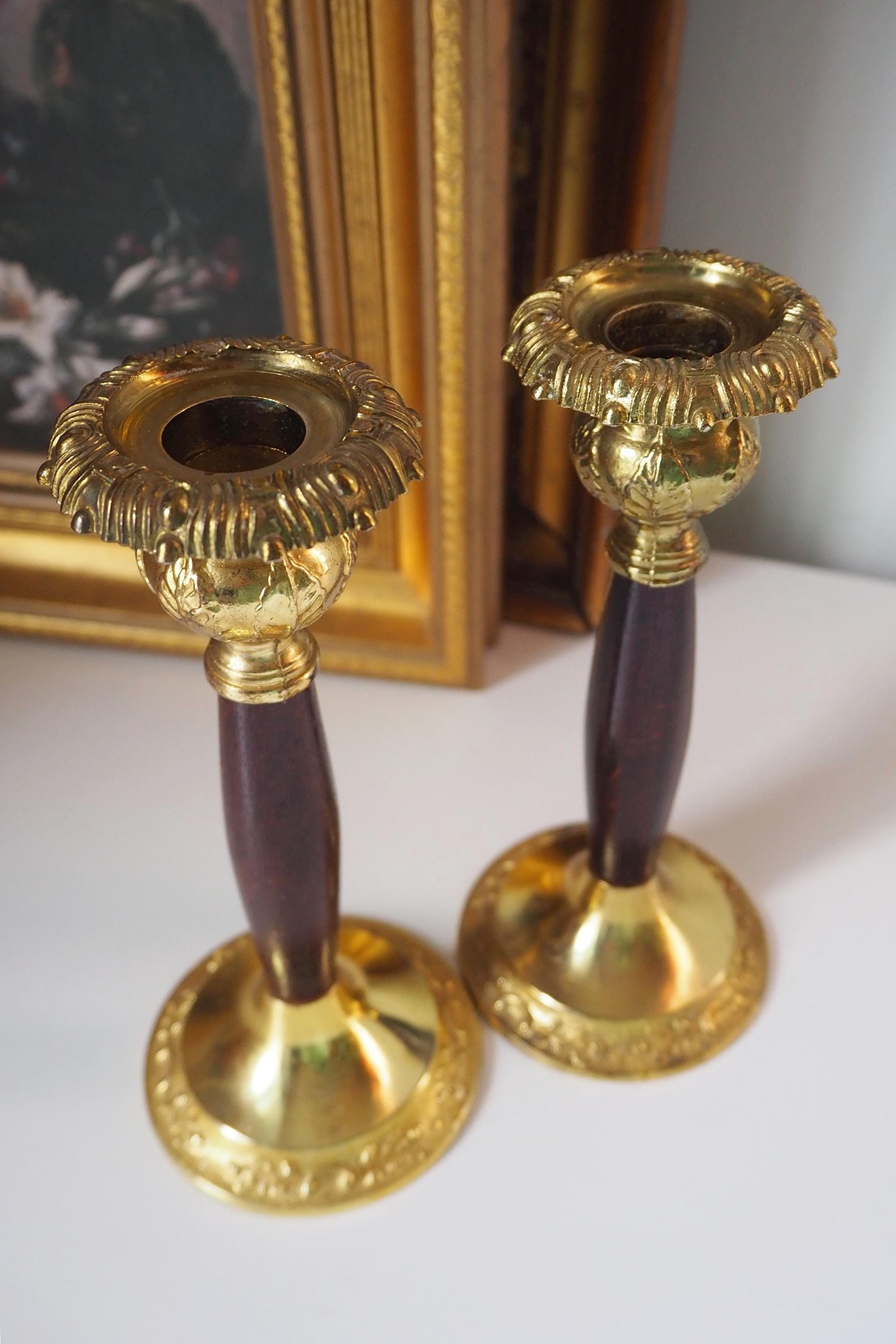 Set of two vintage candlestick holders | Gold plated candle holders | Vintage gold and wood candle holders | Made in England