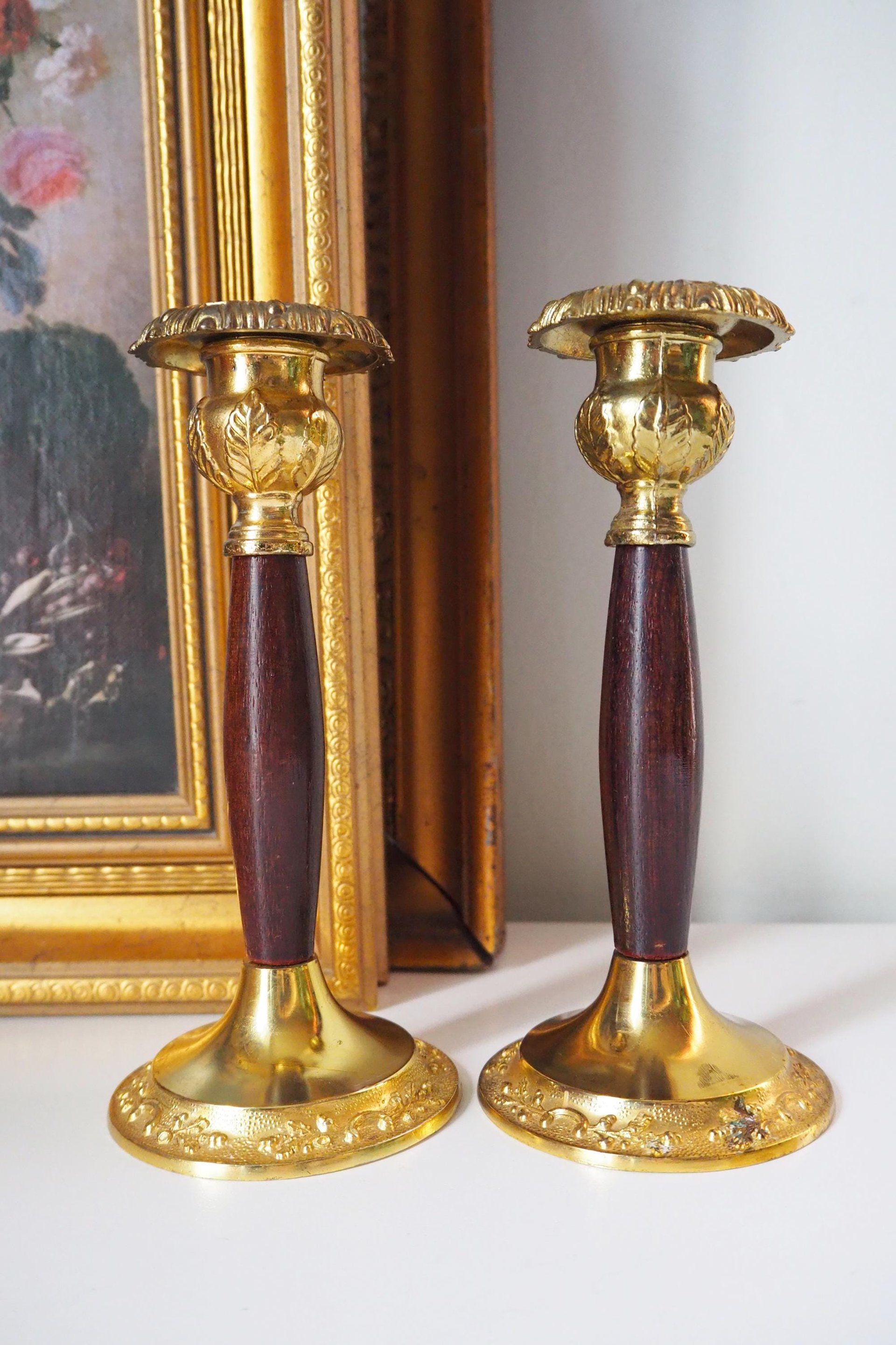 Set of two vintage candlestick holders | Gold plated candle holders | Vintage gold and wood candle holders | Made in England