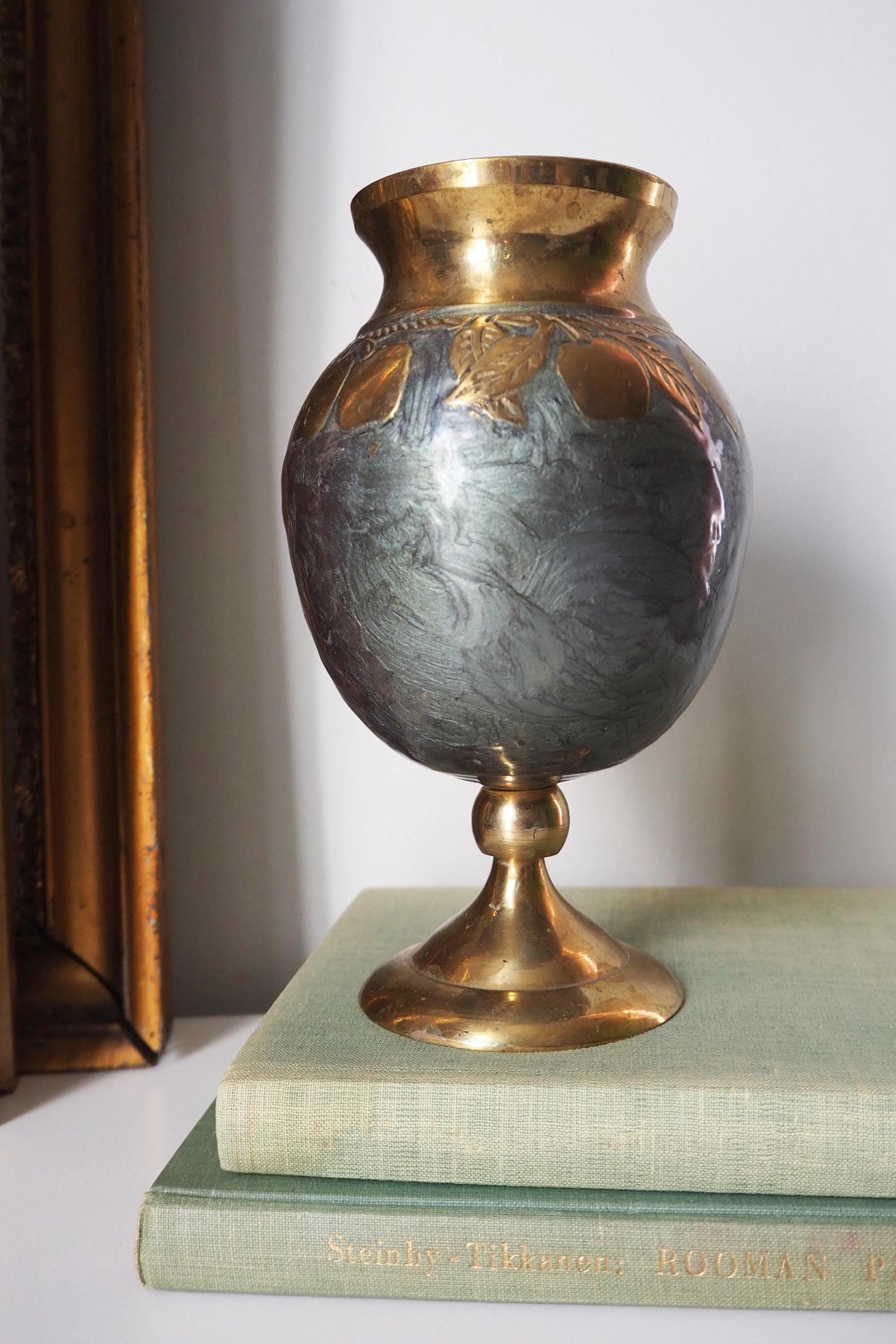 Vintage brass vase | Enameled vase with a fruit motif | Vintage vase | Brass and enamel vase | Chunky vase | Brass vase