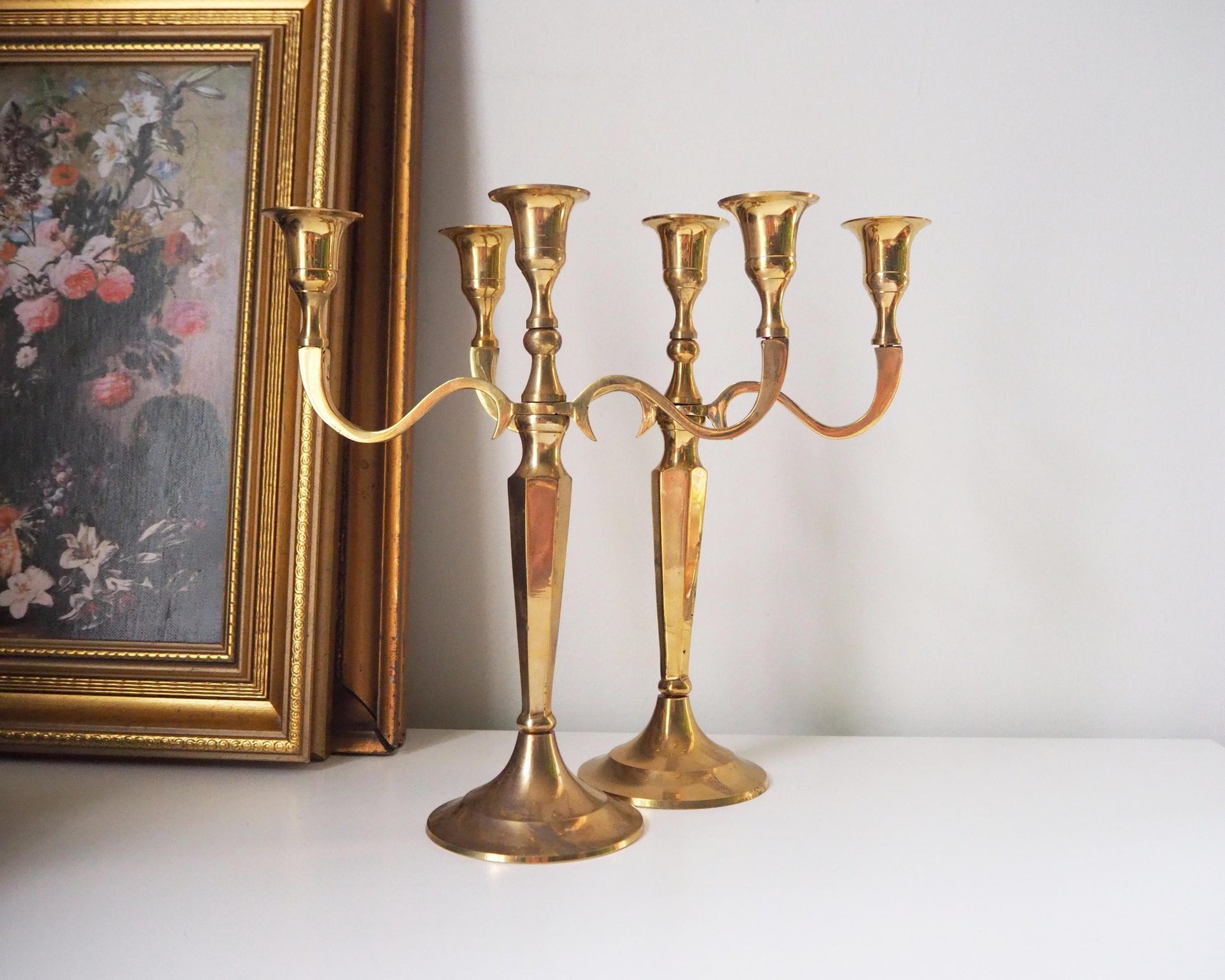 Vintage three arm candelabrums | Set of two brass candelabrums | Three arm candlestick holders | Vintage candelabrum | Brass candelabrums