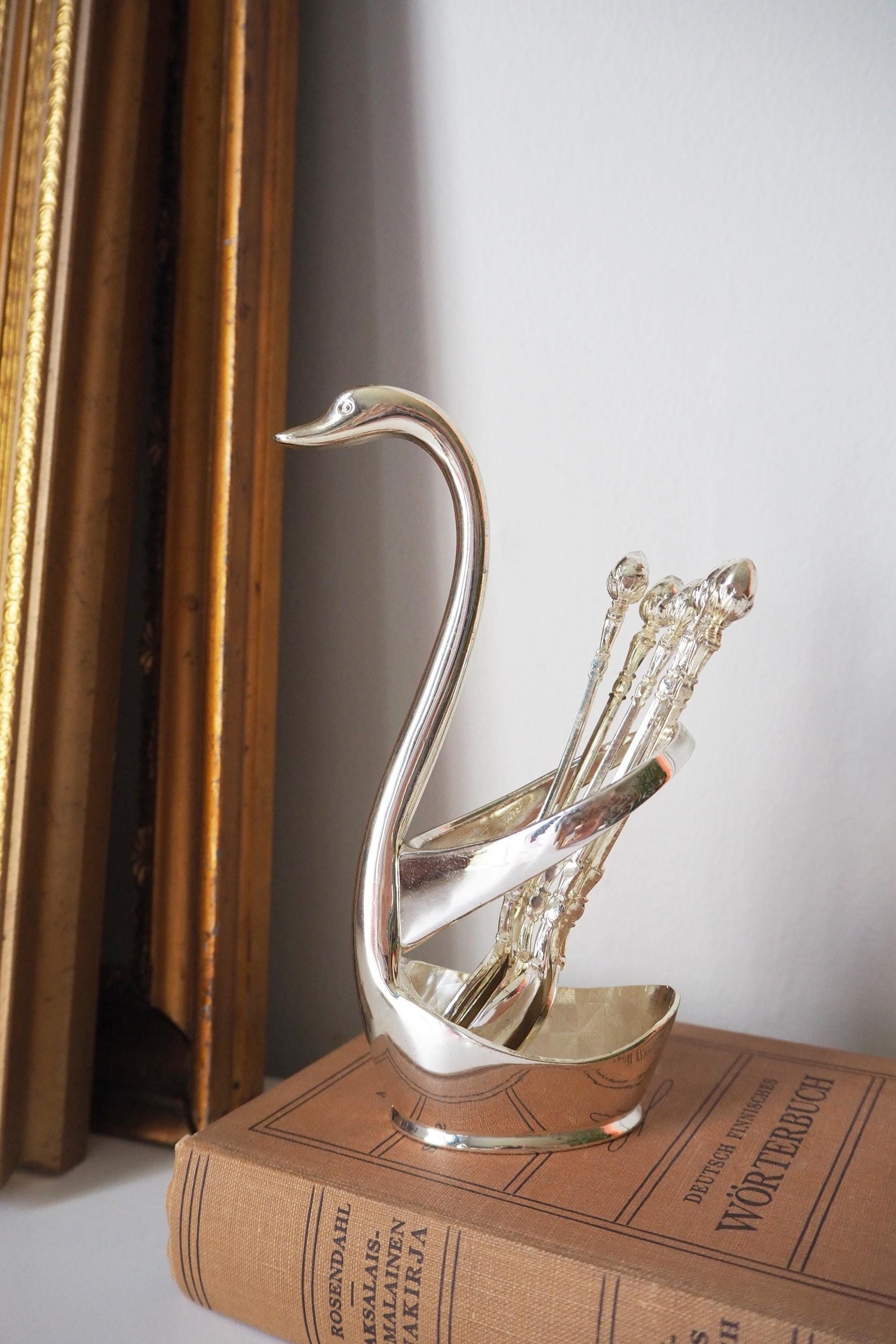 Vintage teaspoon set with swan holder | Vintage silver plated spoons | Silver plated spoons with spoon holder | Swan spoon holder