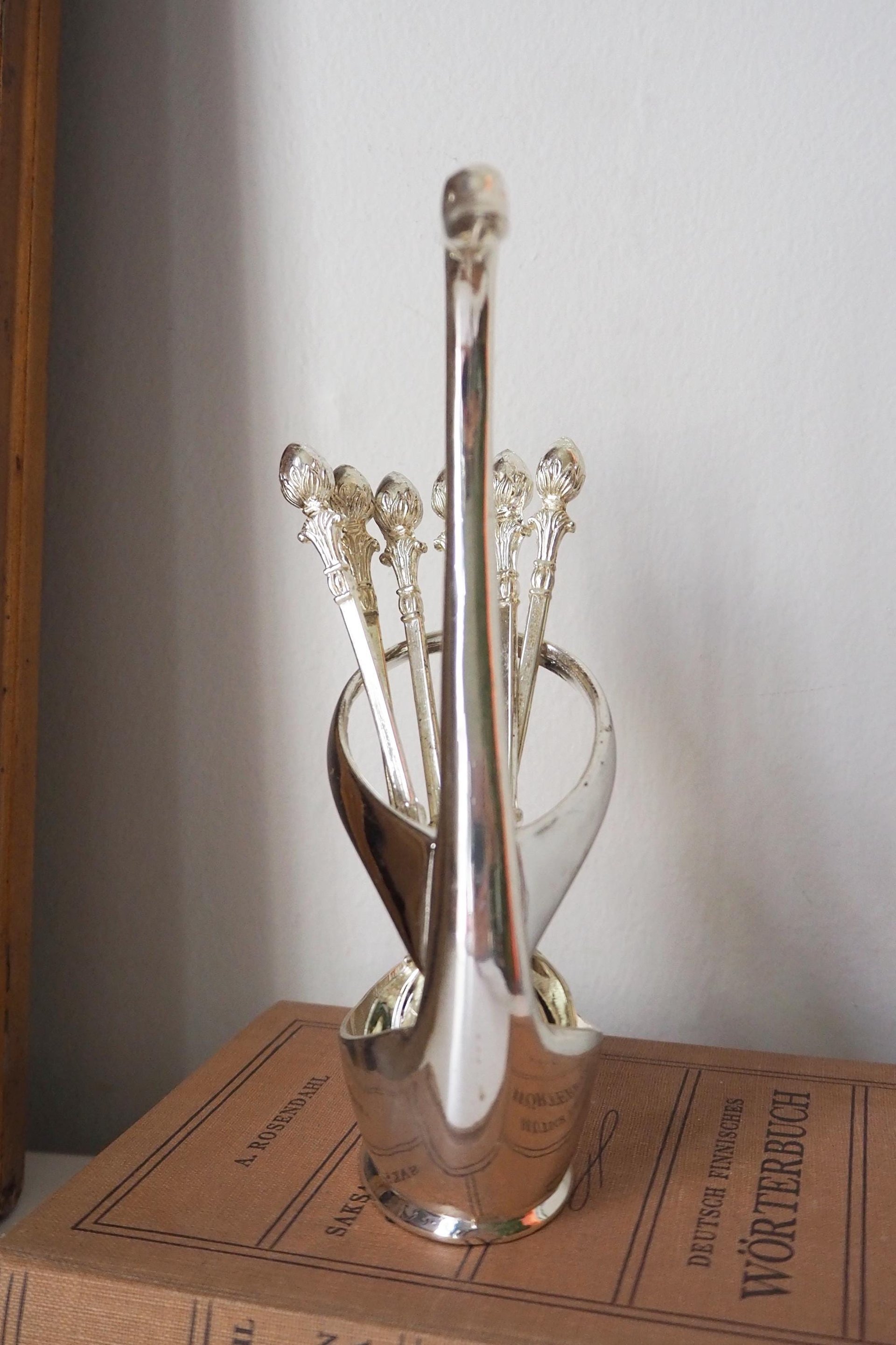 Vintage teaspoon set with swan holder | Vintage silver plated spoons | Silver plated spoons with spoon holder | Swan spoon holder