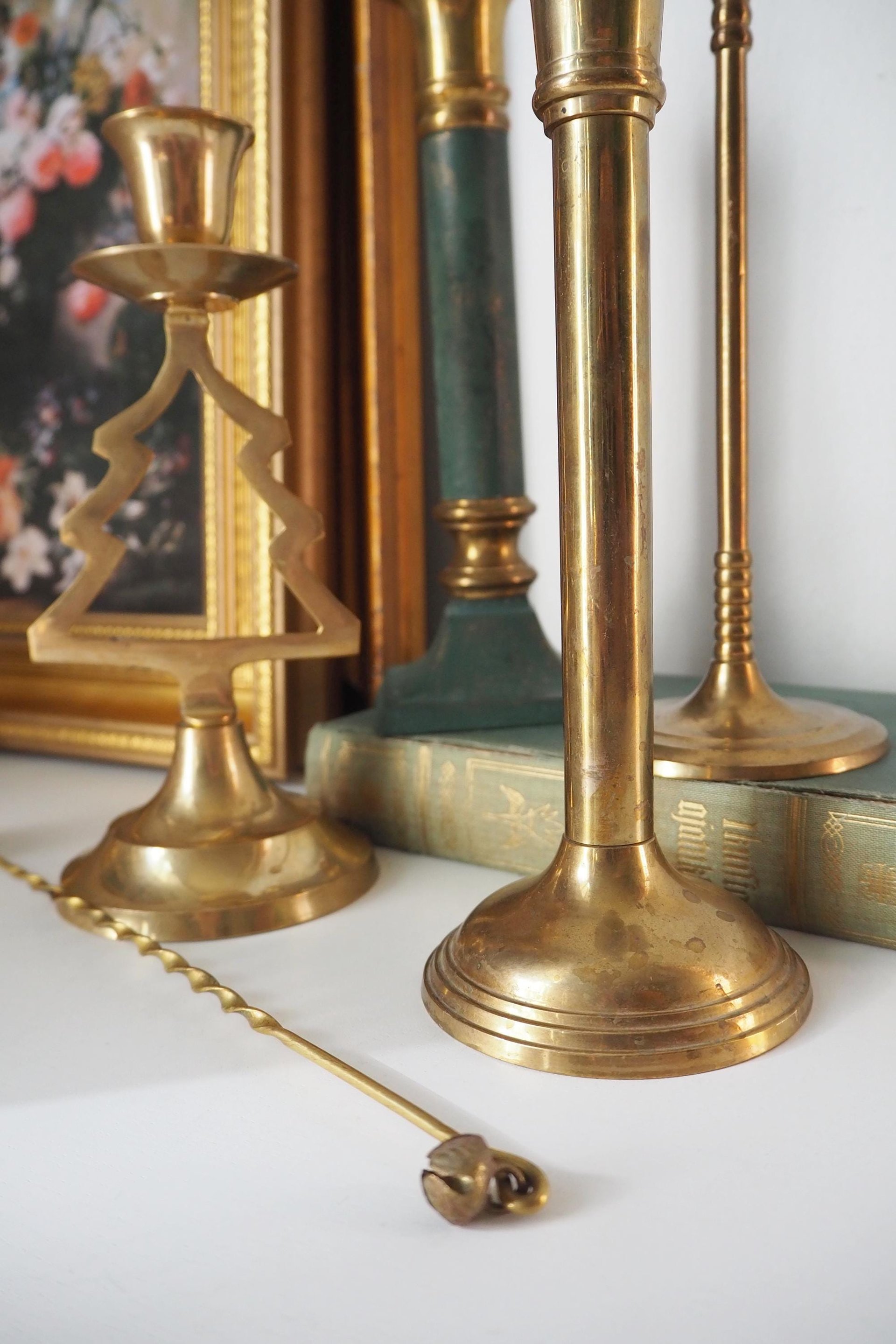 Vintage candlestick holder set | Candlestick holders | Vintage brass candlestick holders and candle snuffer | Vintage Christmas gift set